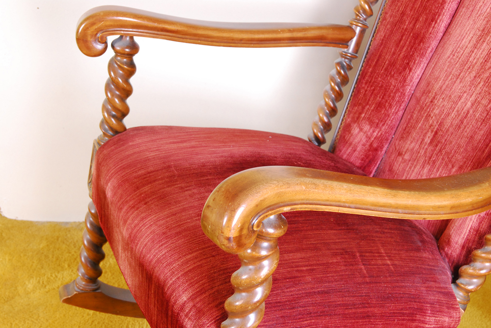 Barley Twist Turned Wood and Red Velvet Wingback Rocking Chair