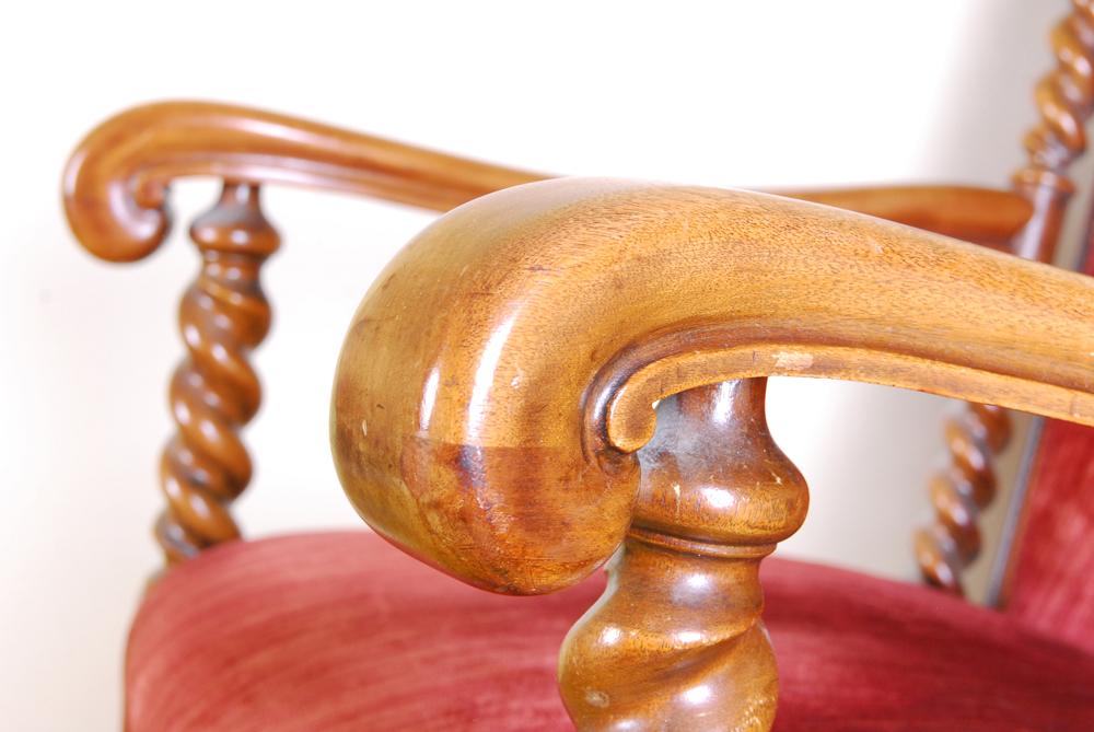 Barley Twist Turned Wood and Red Velvet Wingback Rocking Chair