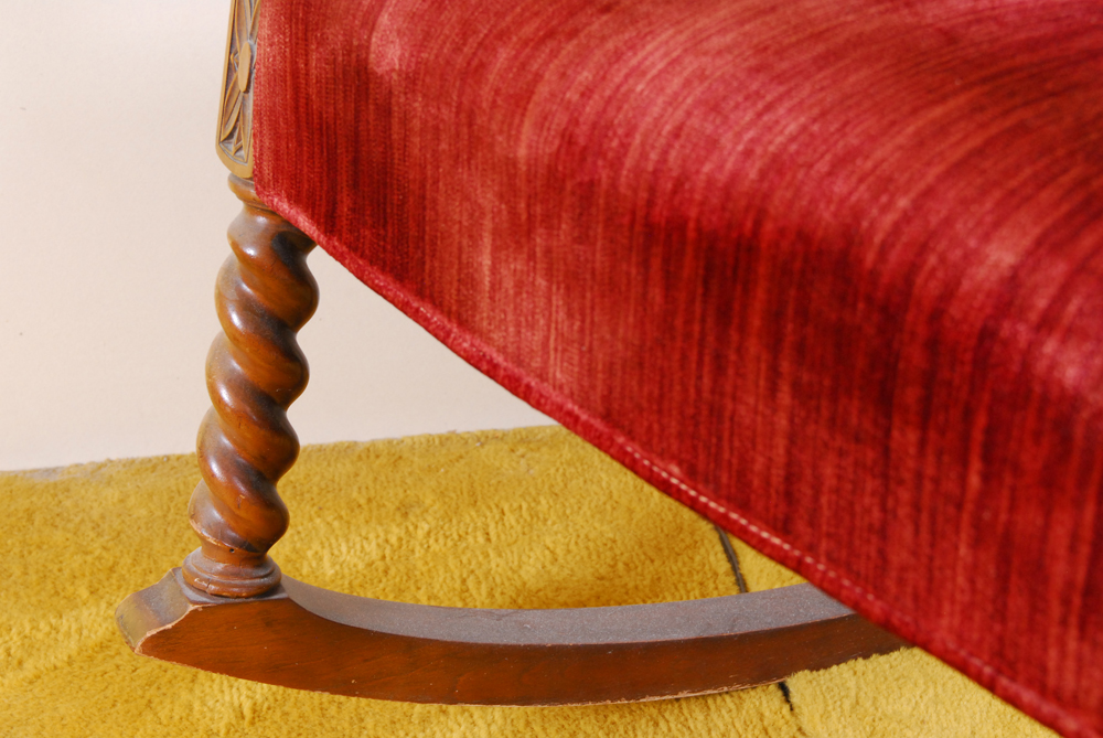 Barley Twist Turned Wood and Red Velvet Wingback Rocking Chair