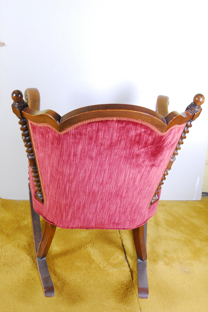 Barley Twist Turned Wood and Red Velvet Wingback Rocking Chair