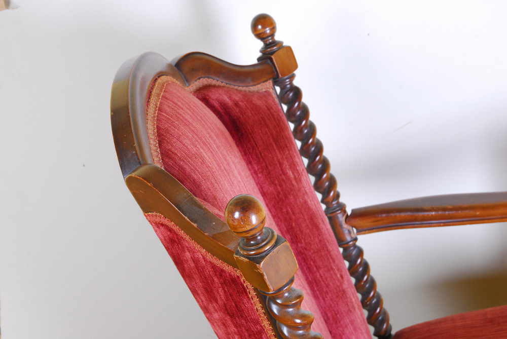 Barley Twist Turned Wood and Red Velvet Wingback Rocking Chair