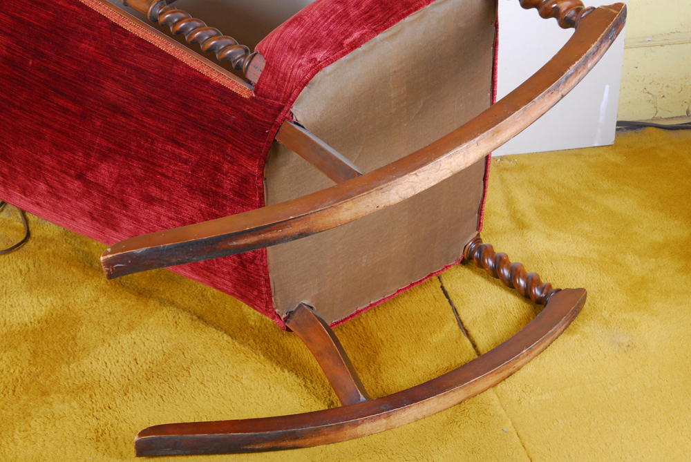 Barley Twist Turned Wood and Red Velvet Wingback Rocking Chair