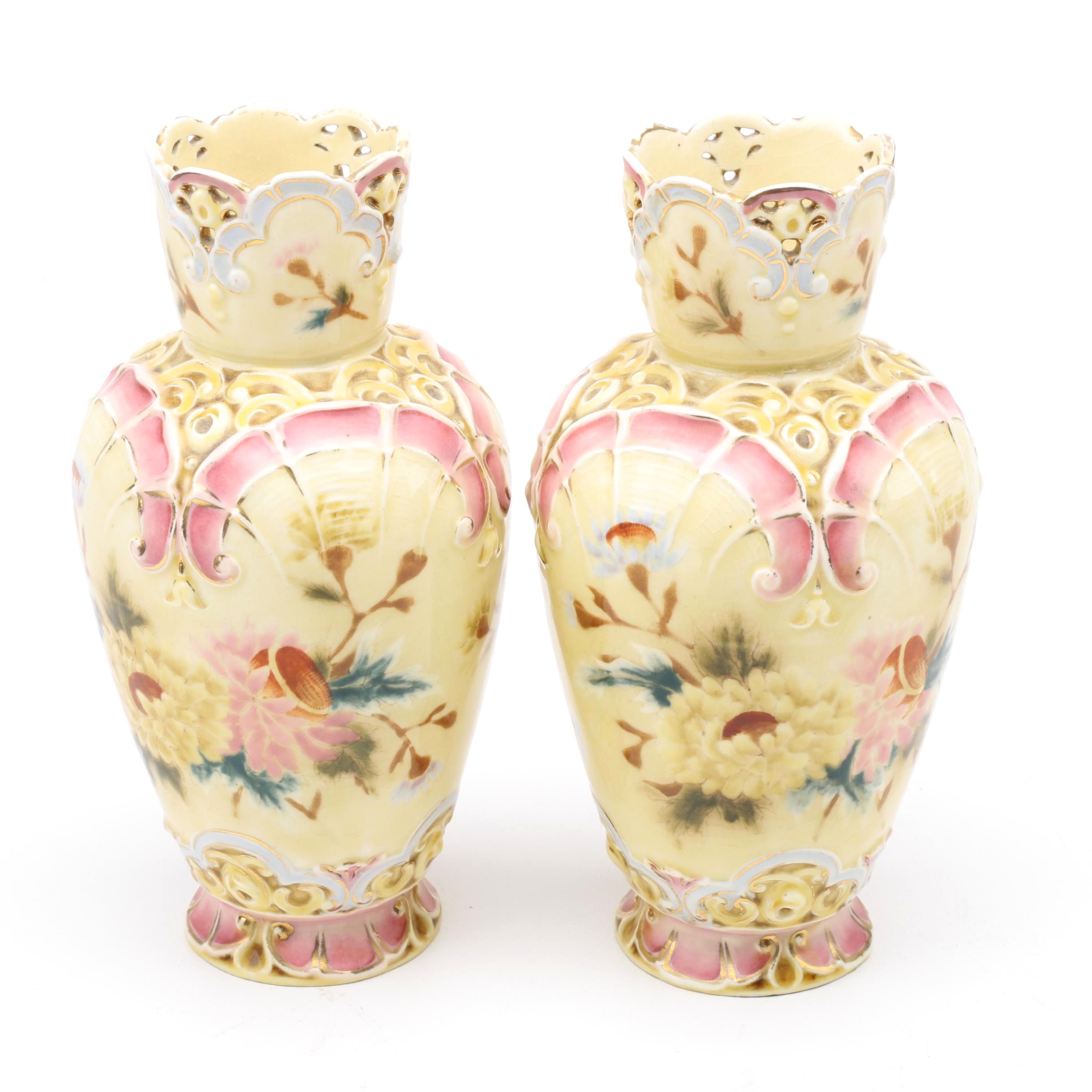 Pair of Vintage Yellow and Pink Floral Ceramic Vases