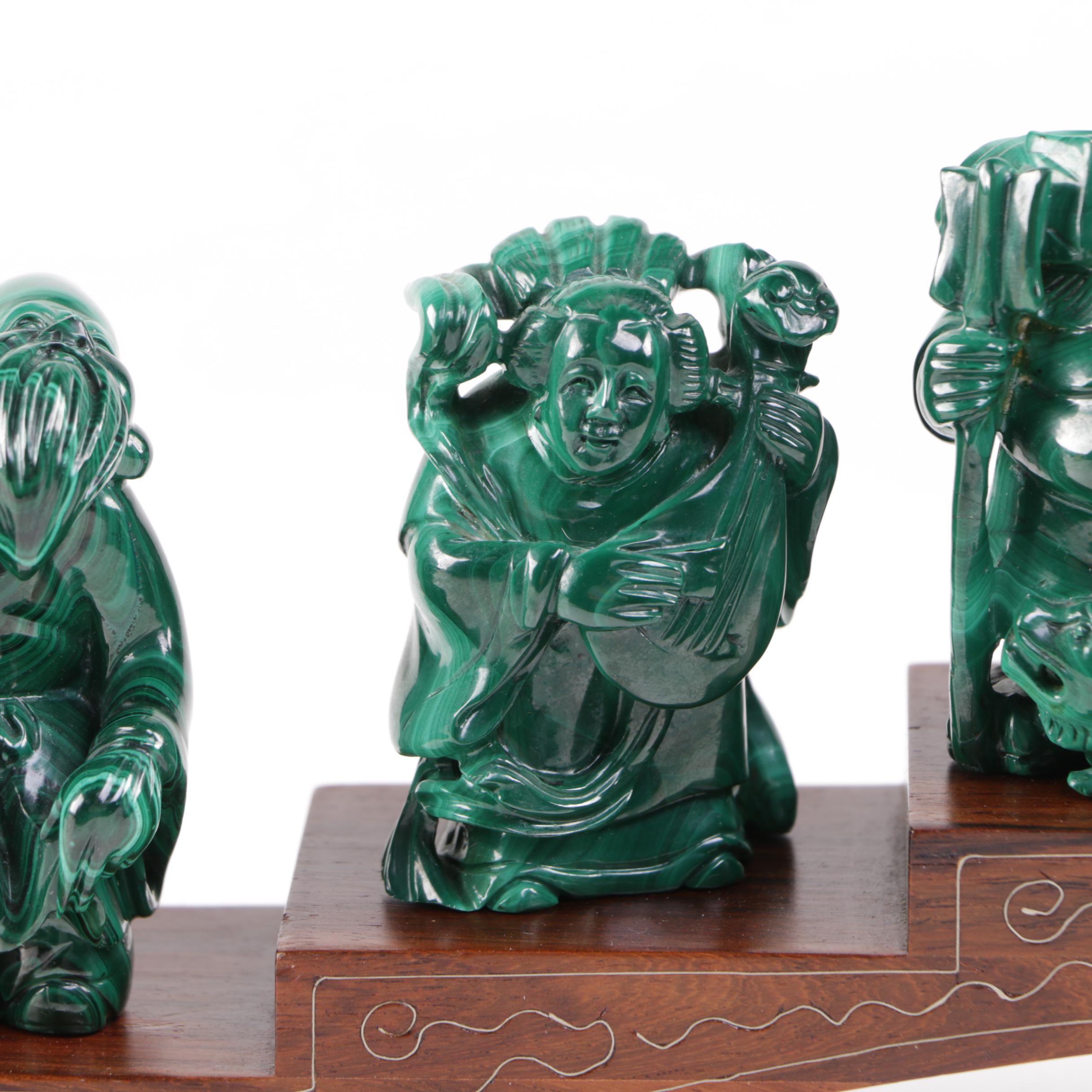 Japanese Carved Malachite Seven Lucky Gods Netsuke Set