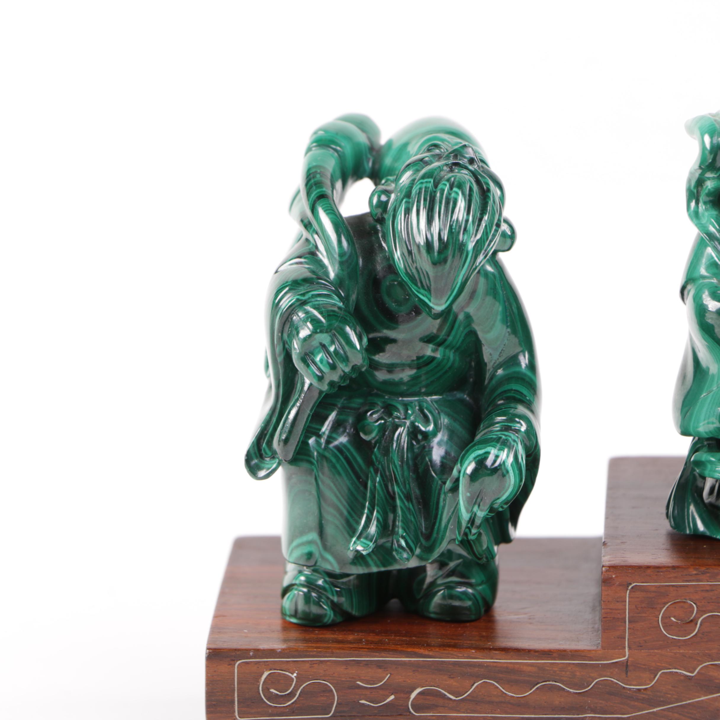Japanese Carved Malachite Seven Lucky Gods Netsuke Set