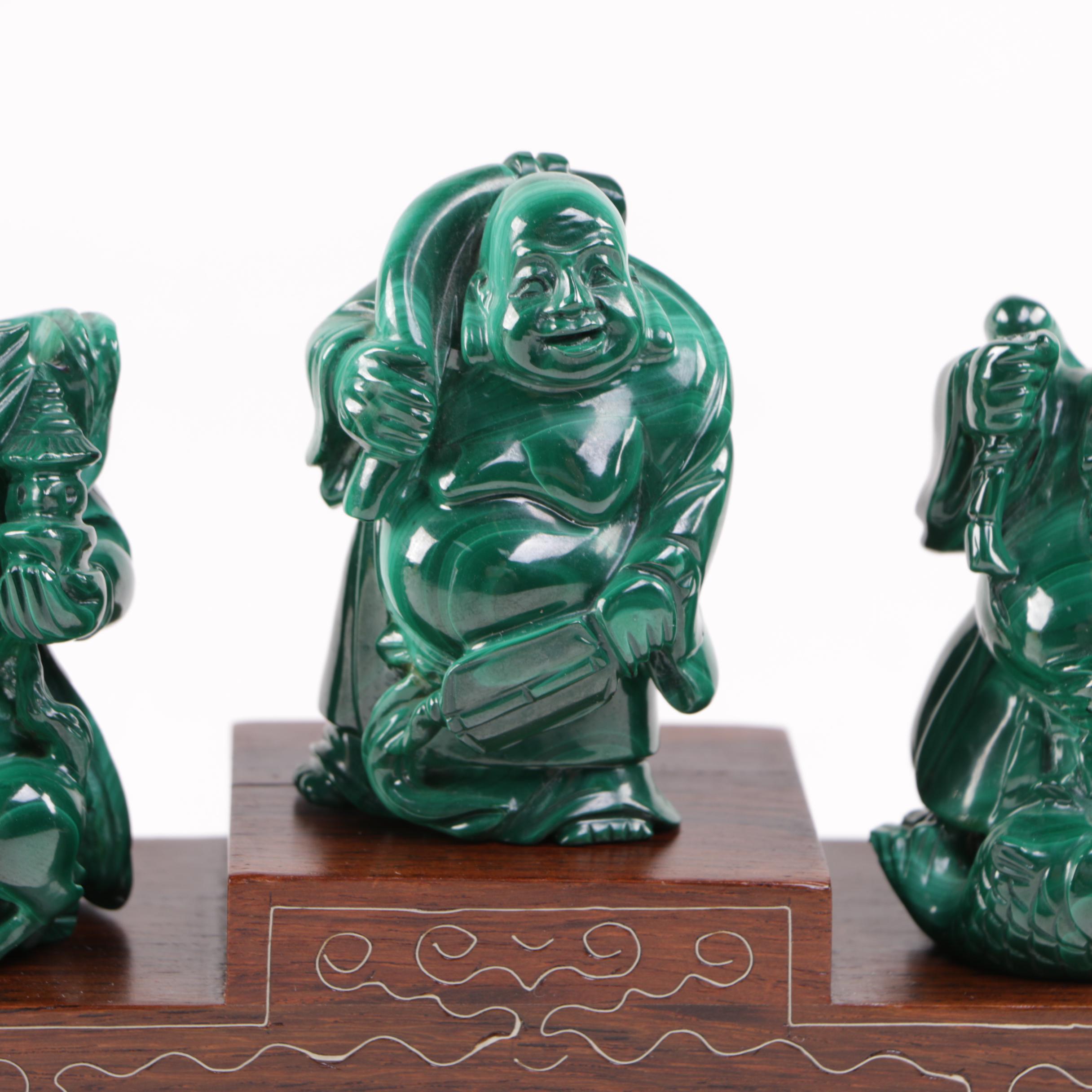 Japanese Carved Malachite Seven Lucky Gods Netsuke Set
