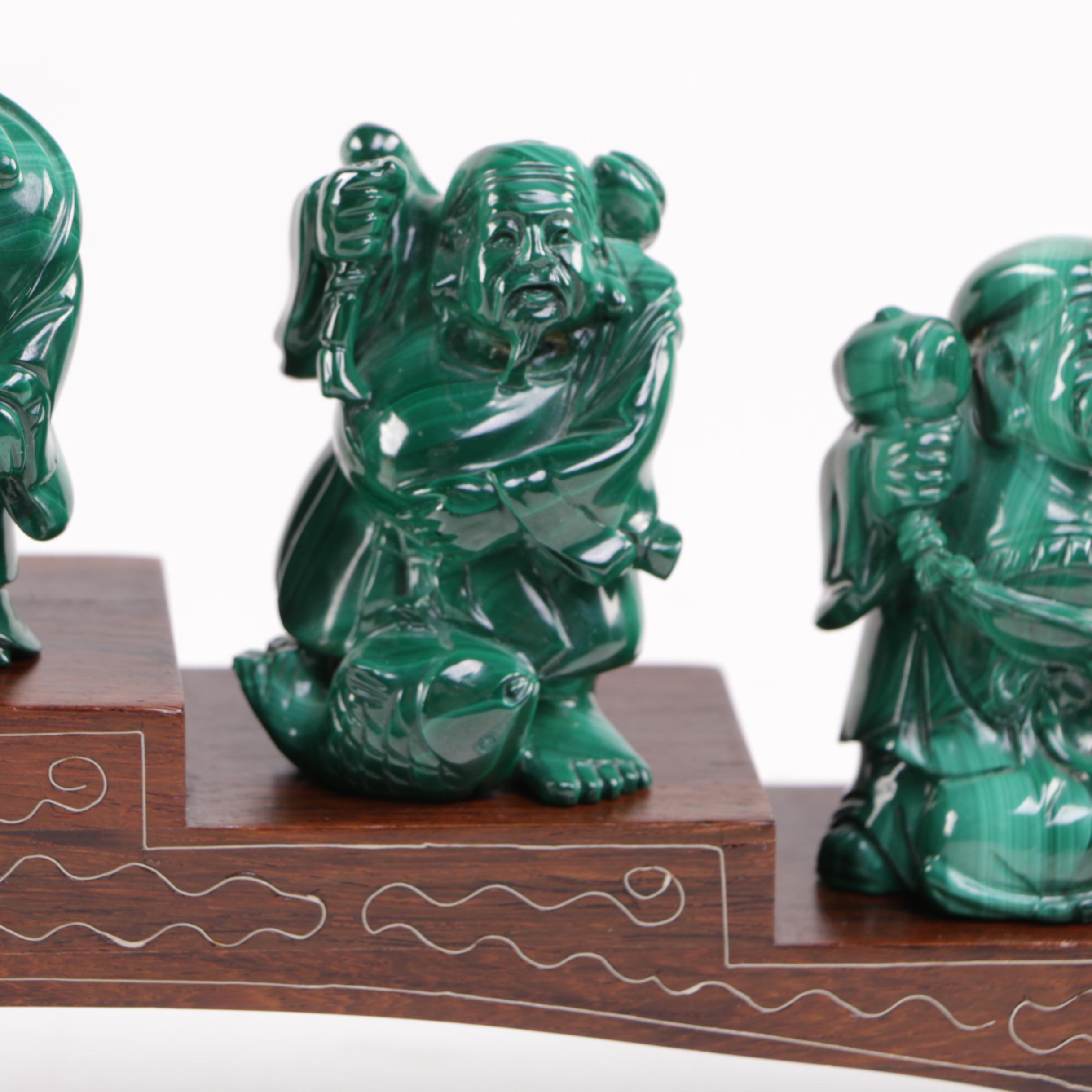 Japanese Carved Malachite Seven Lucky Gods Netsuke Set