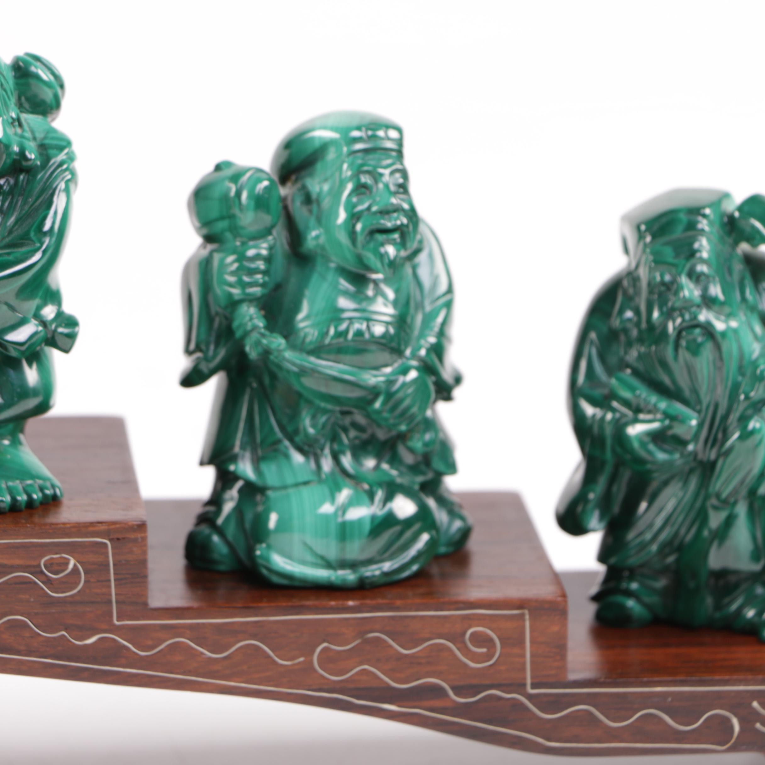 Japanese Carved Malachite Seven Lucky Gods Netsuke Set