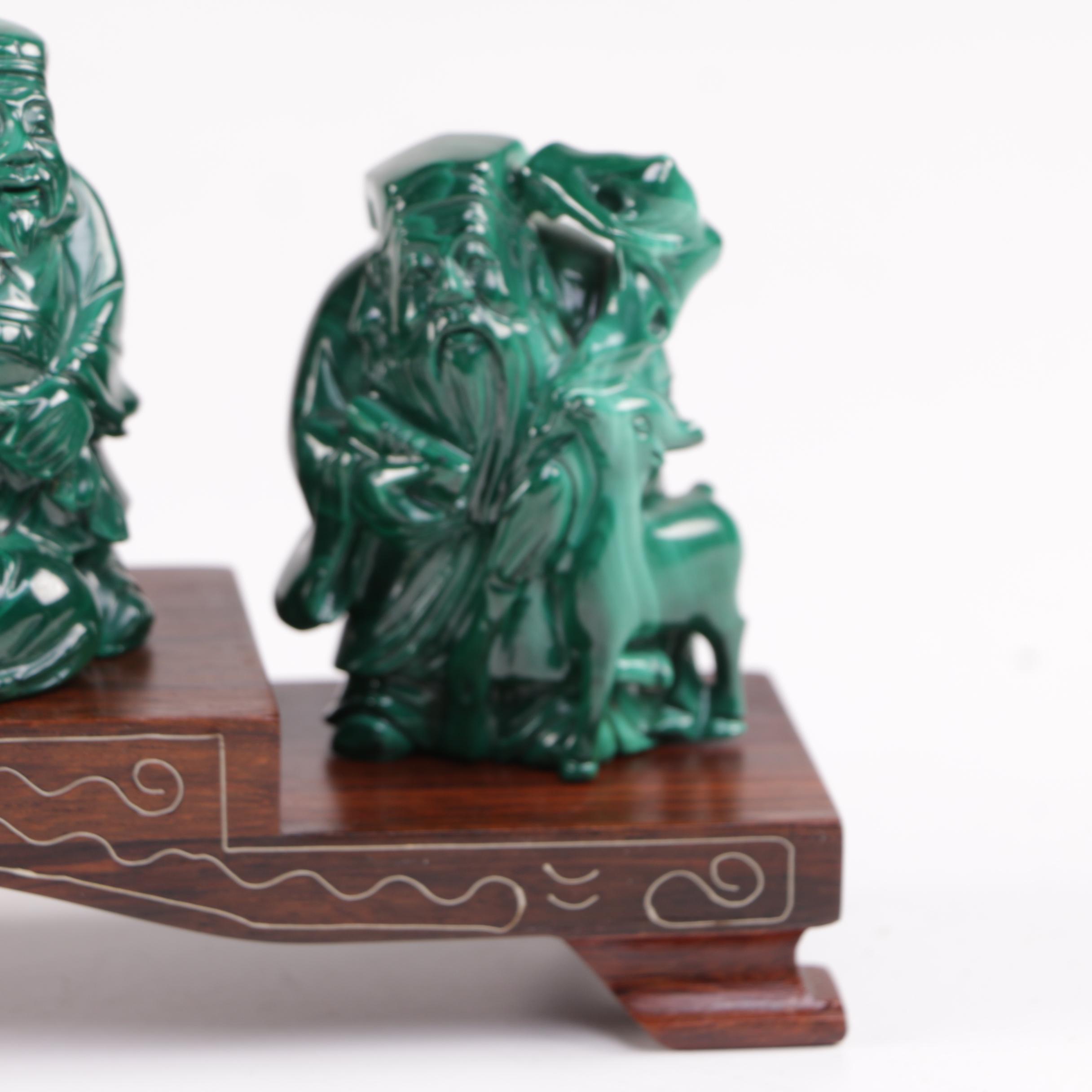 Japanese Carved Malachite Seven Lucky Gods Netsuke Set