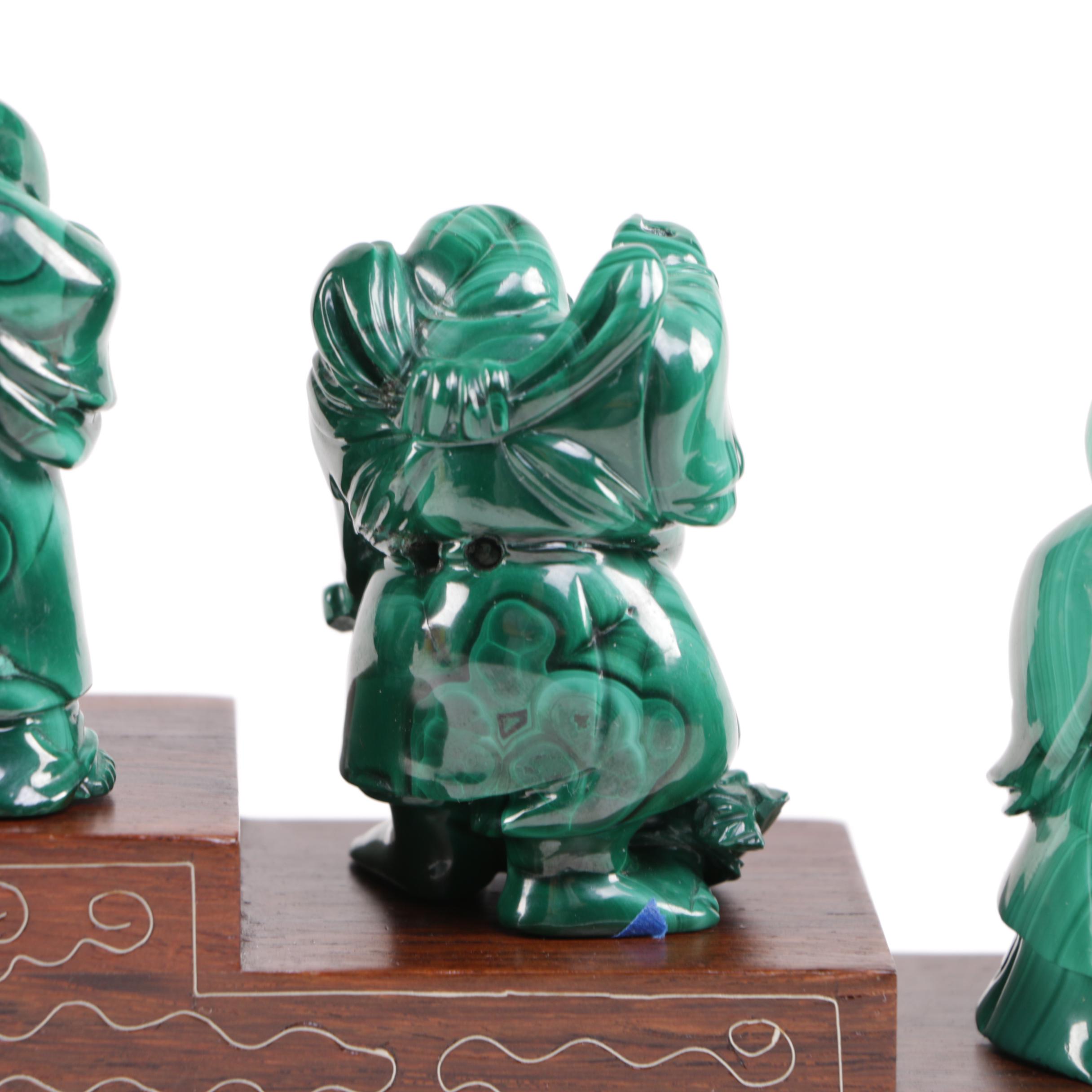 Japanese Carved Malachite Seven Lucky Gods Netsuke Set