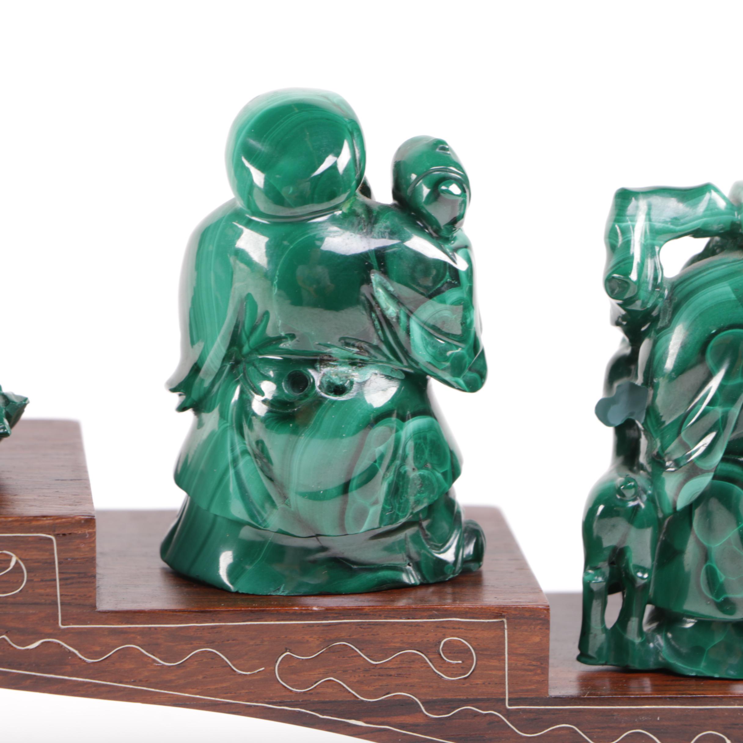 Japanese Carved Malachite Seven Lucky Gods Netsuke Set