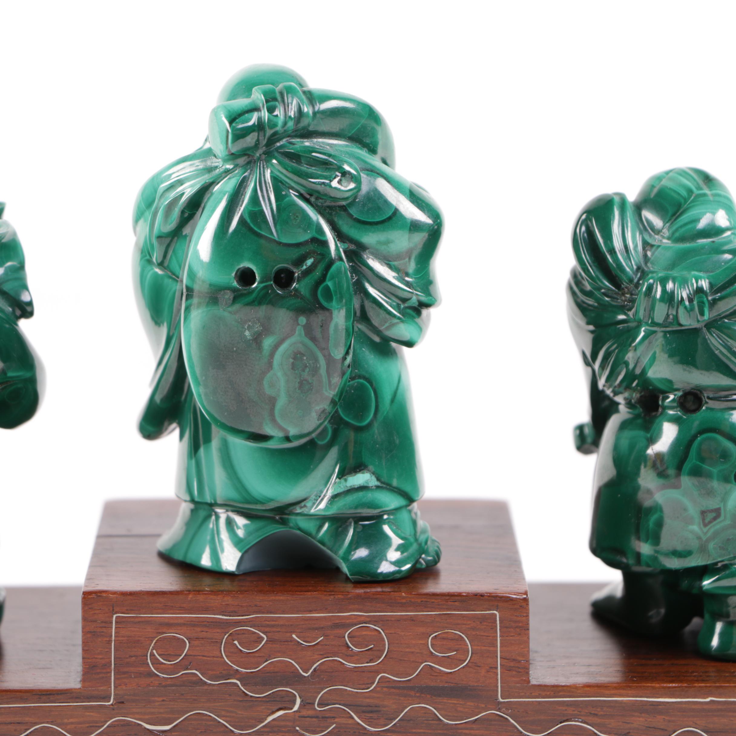 Japanese Carved Malachite Seven Lucky Gods Netsuke Set