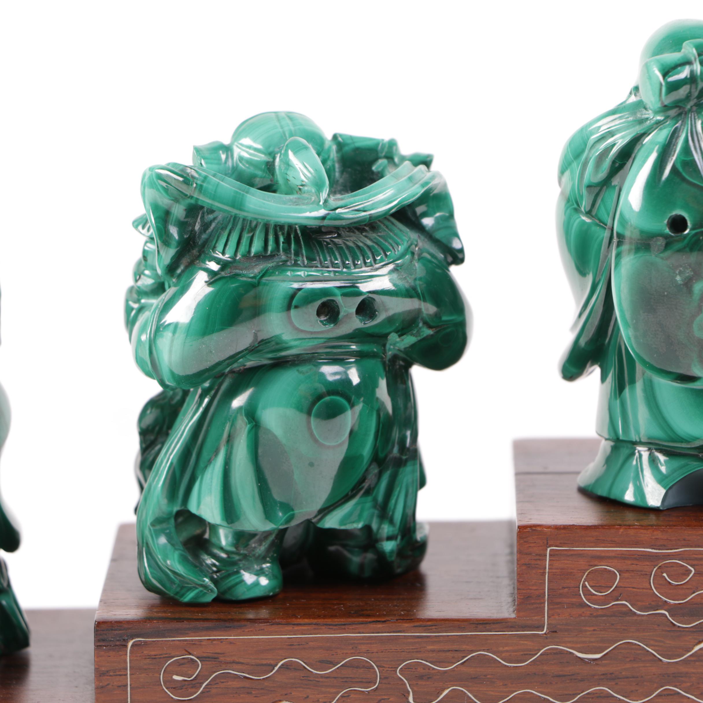 Japanese Carved Malachite Seven Lucky Gods Netsuke Set
