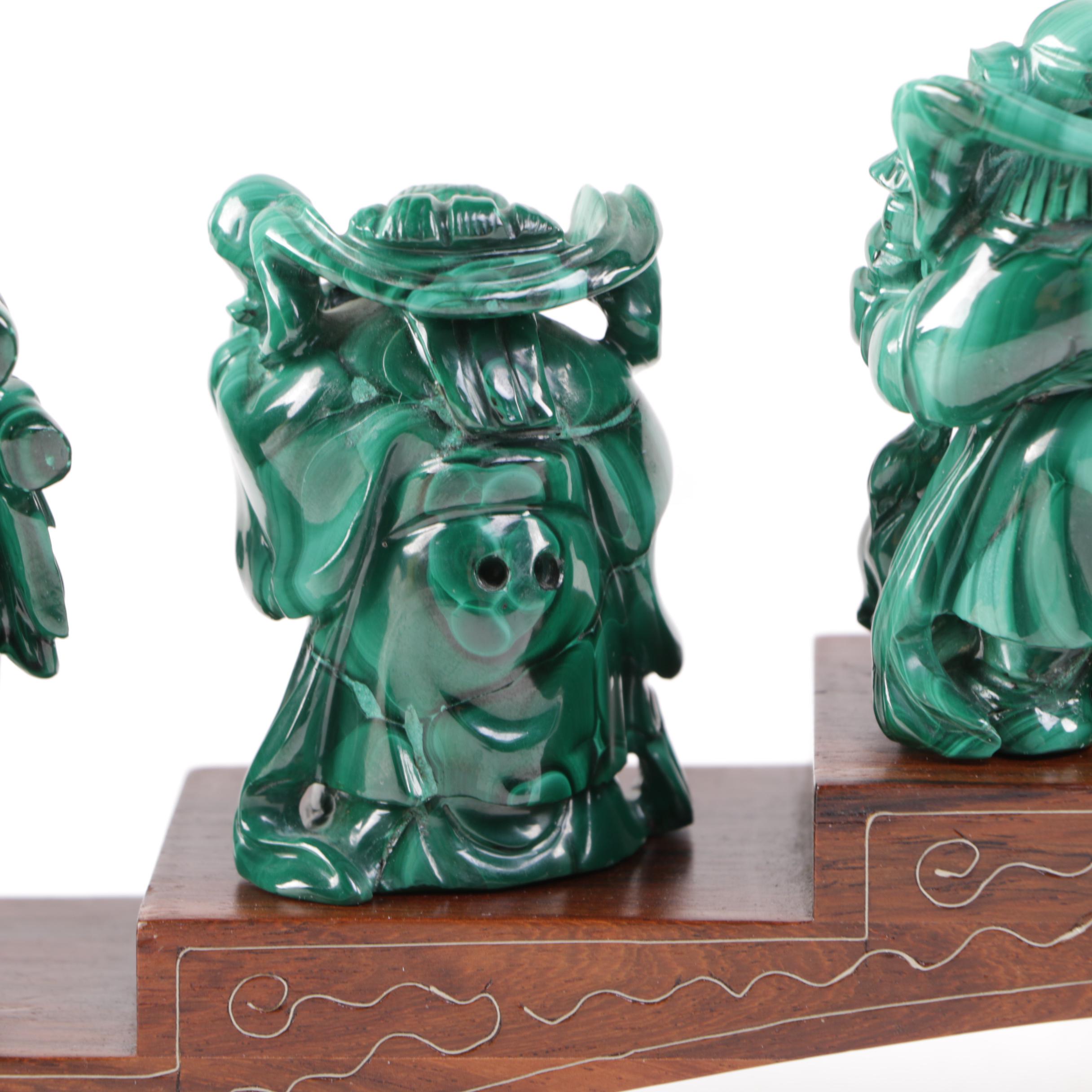 Japanese Carved Malachite Seven Lucky Gods Netsuke Set
