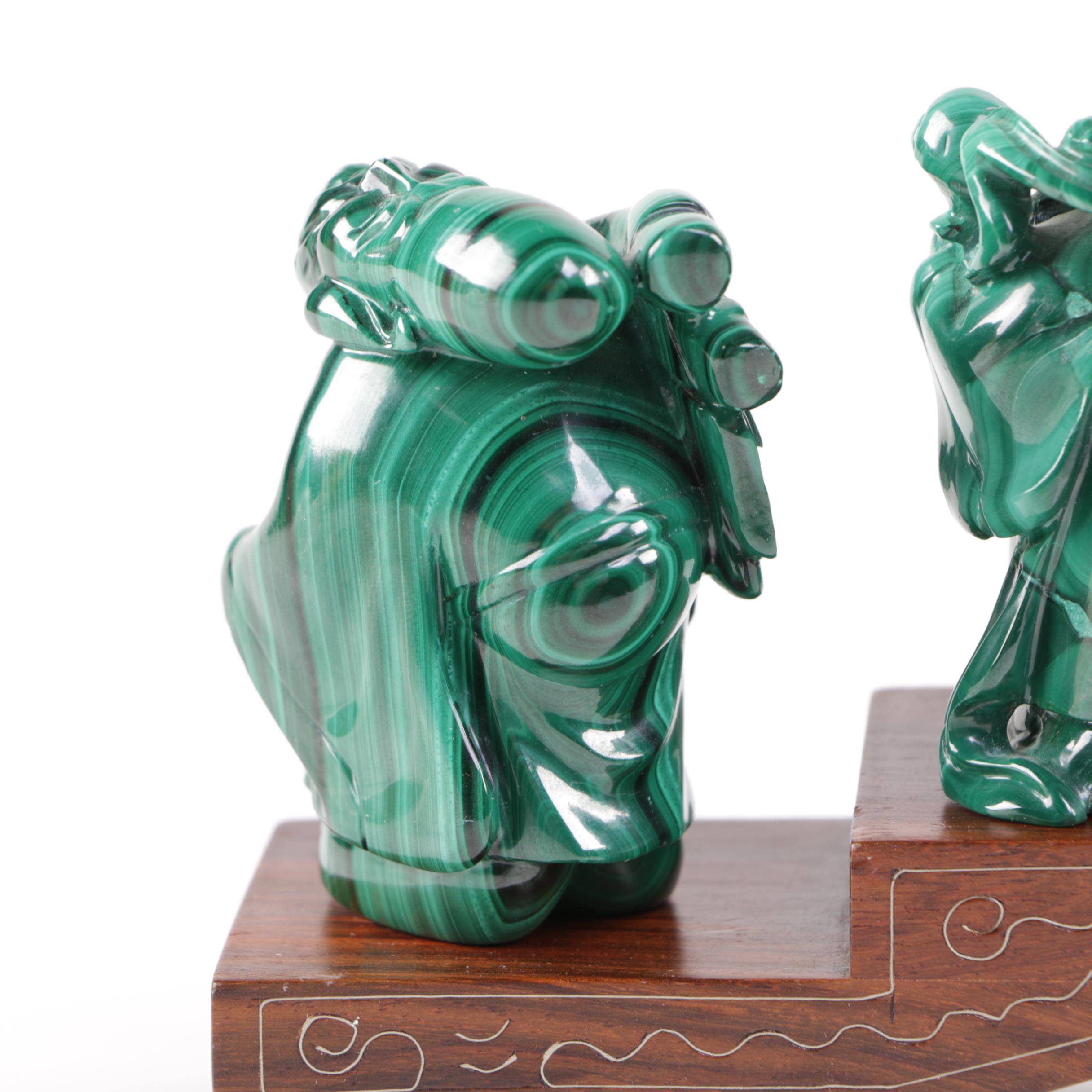 Japanese Carved Malachite Seven Lucky Gods Netsuke Set