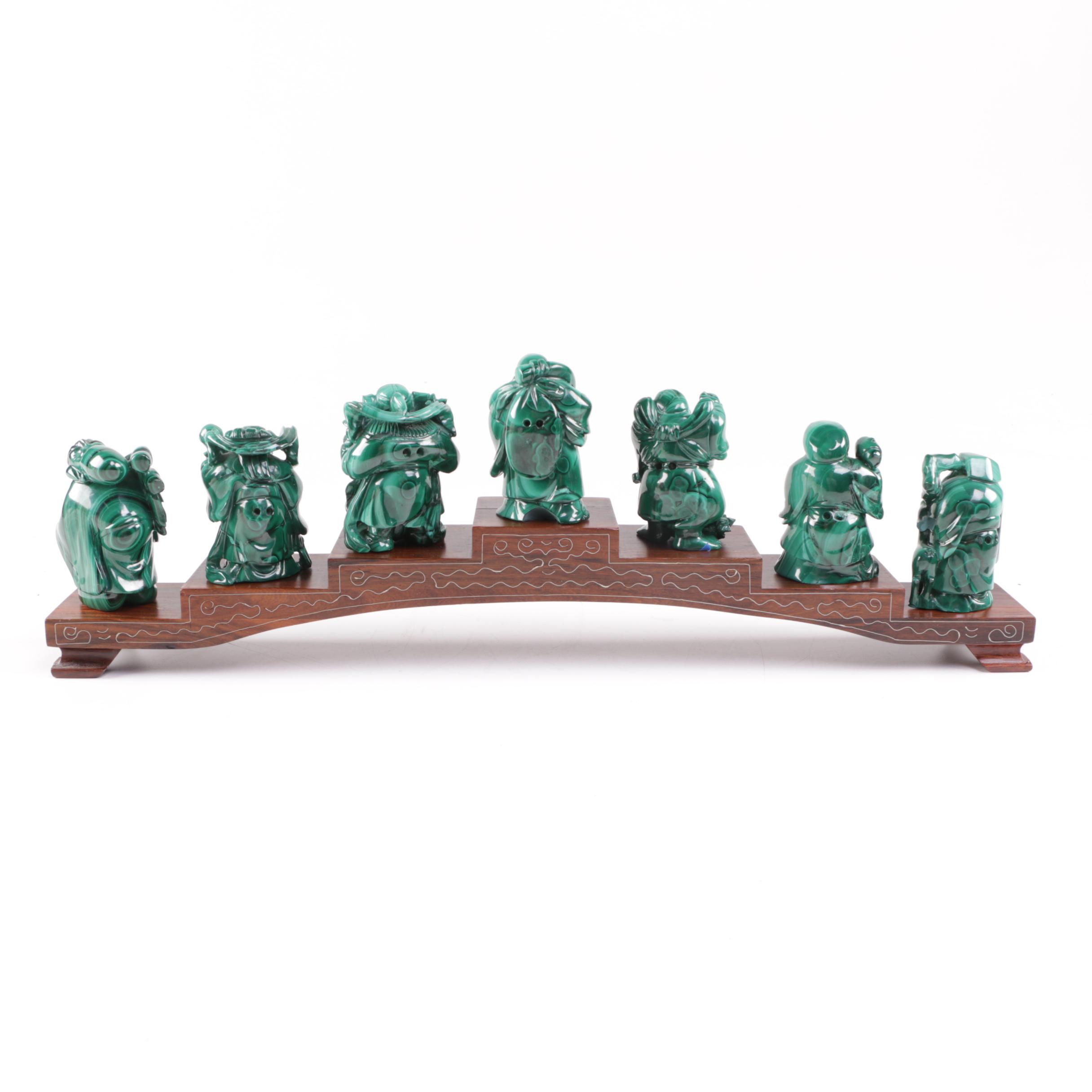 Japanese Carved Malachite Seven Lucky Gods Netsuke Set