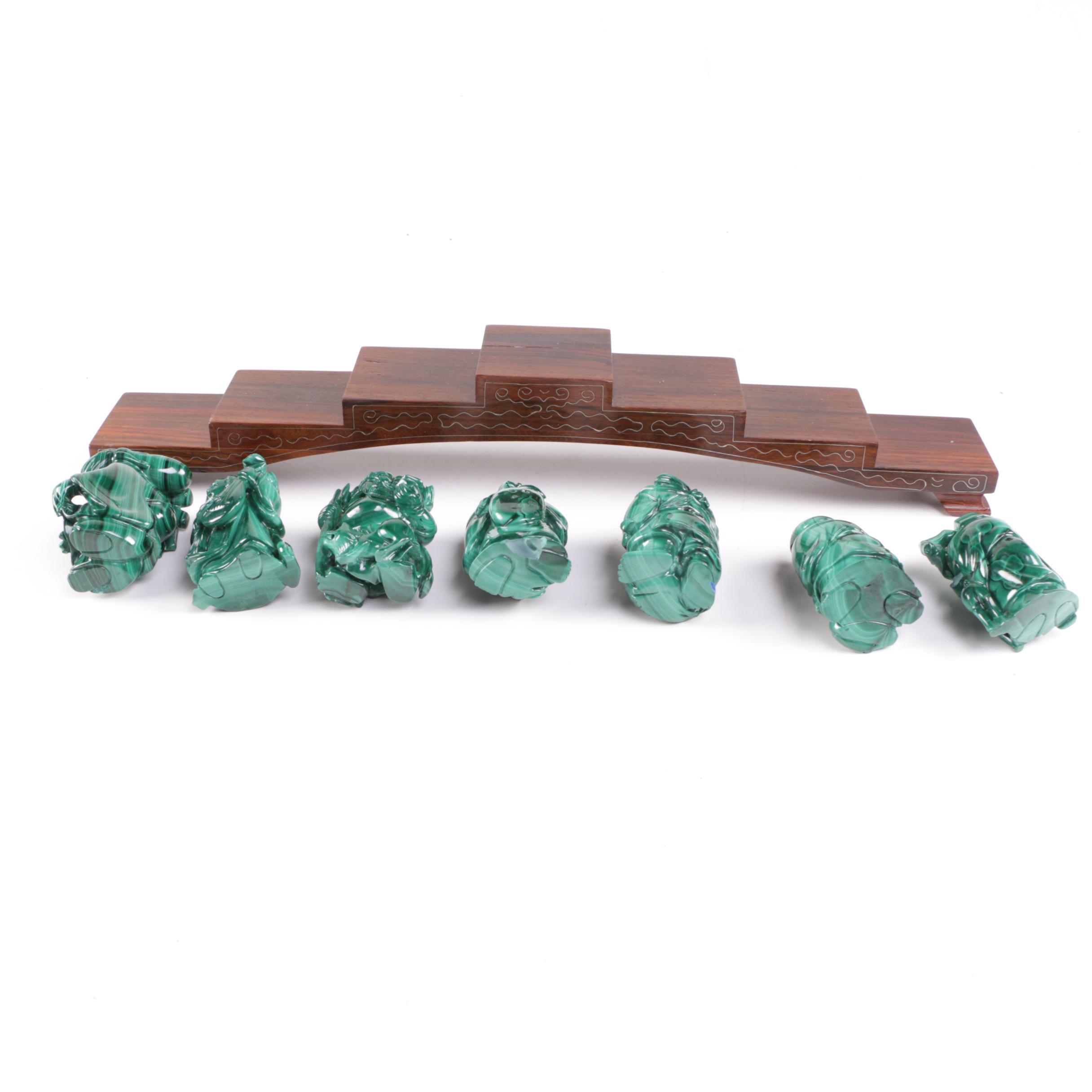 Japanese Carved Malachite Seven Lucky Gods Netsuke Set