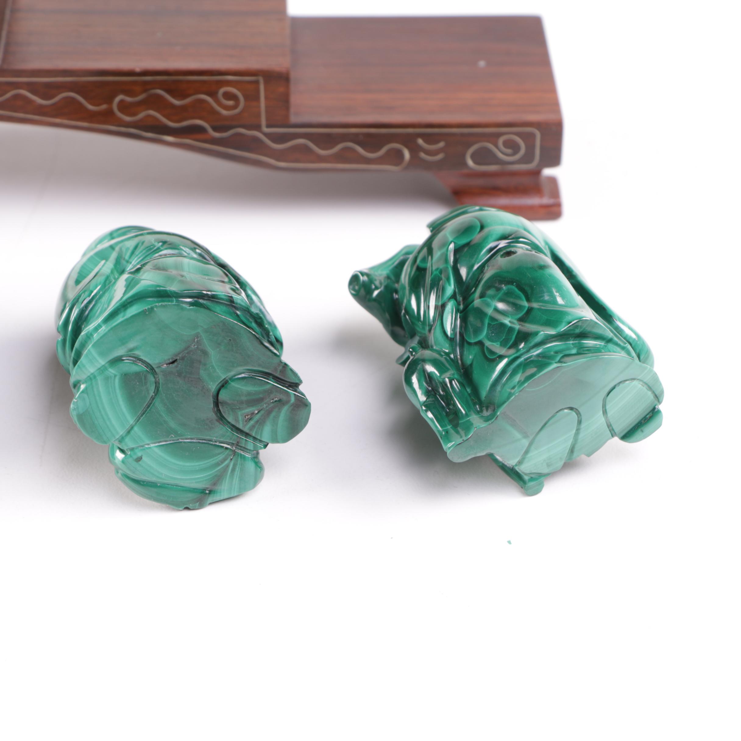 Japanese Carved Malachite Seven Lucky Gods Netsuke Set