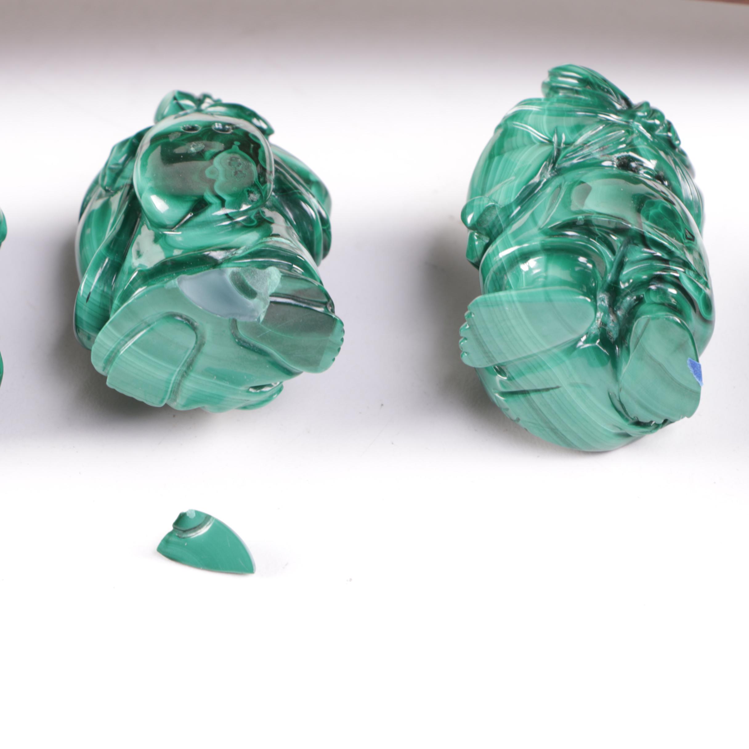 Japanese Carved Malachite Seven Lucky Gods Netsuke Set