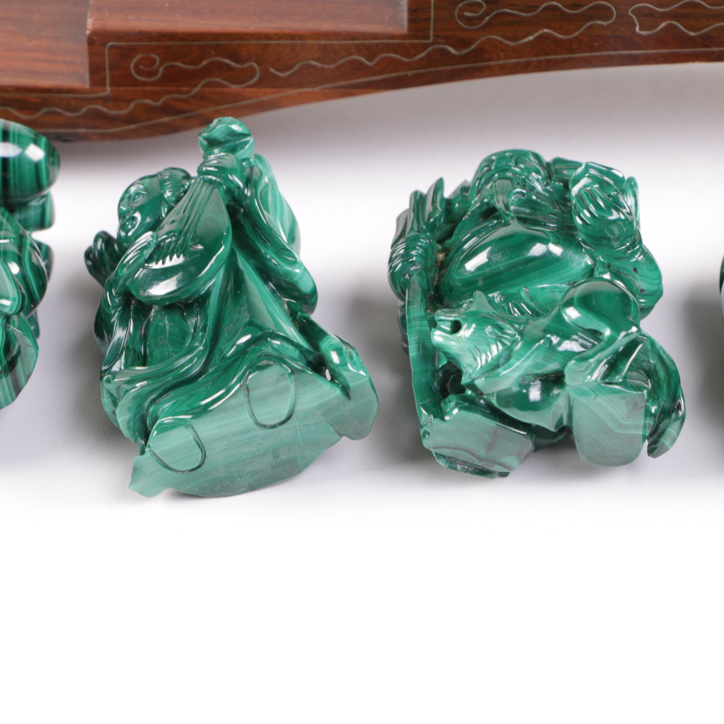 Japanese Carved Malachite Seven Lucky Gods Netsuke Set