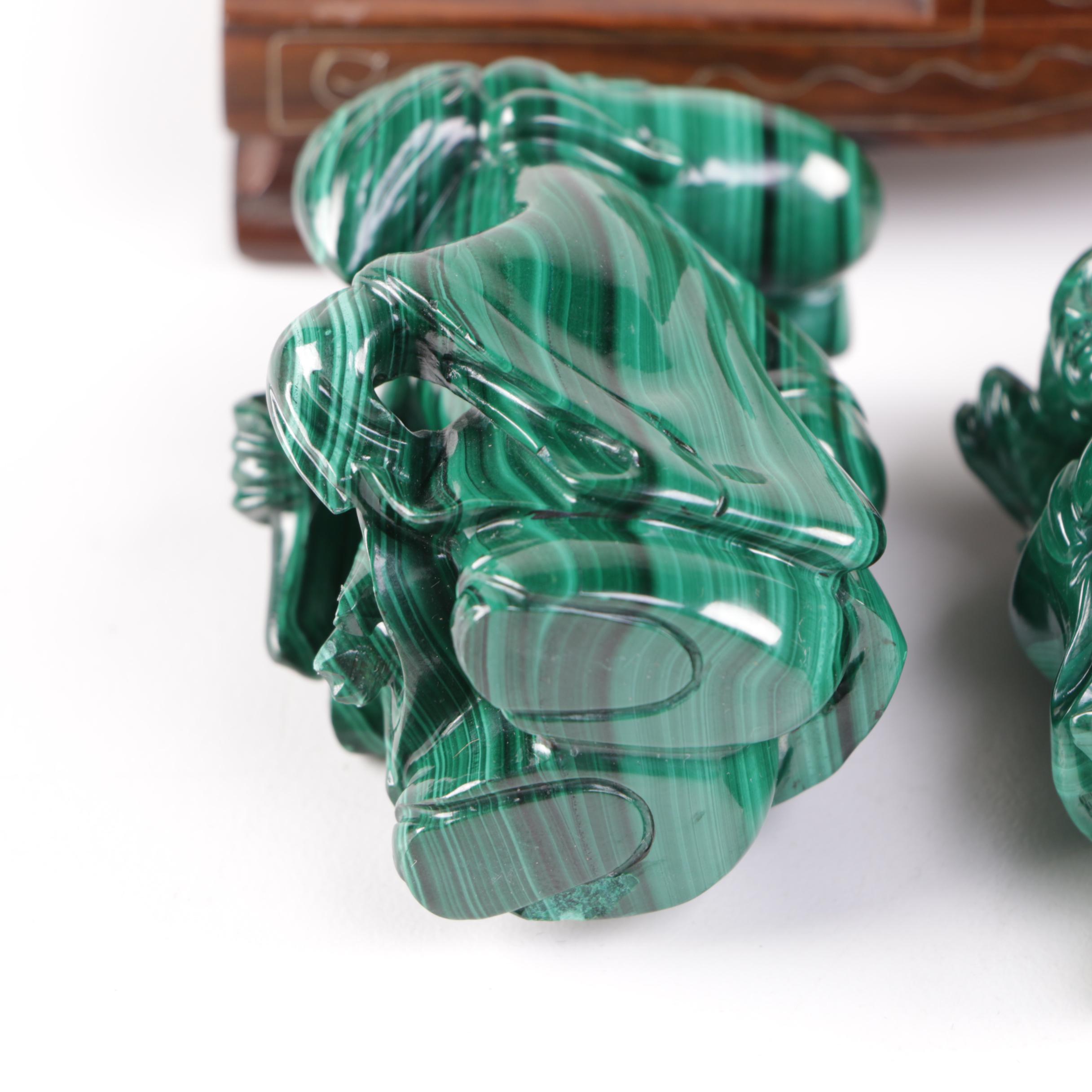 Japanese Carved Malachite Seven Lucky Gods Netsuke Set