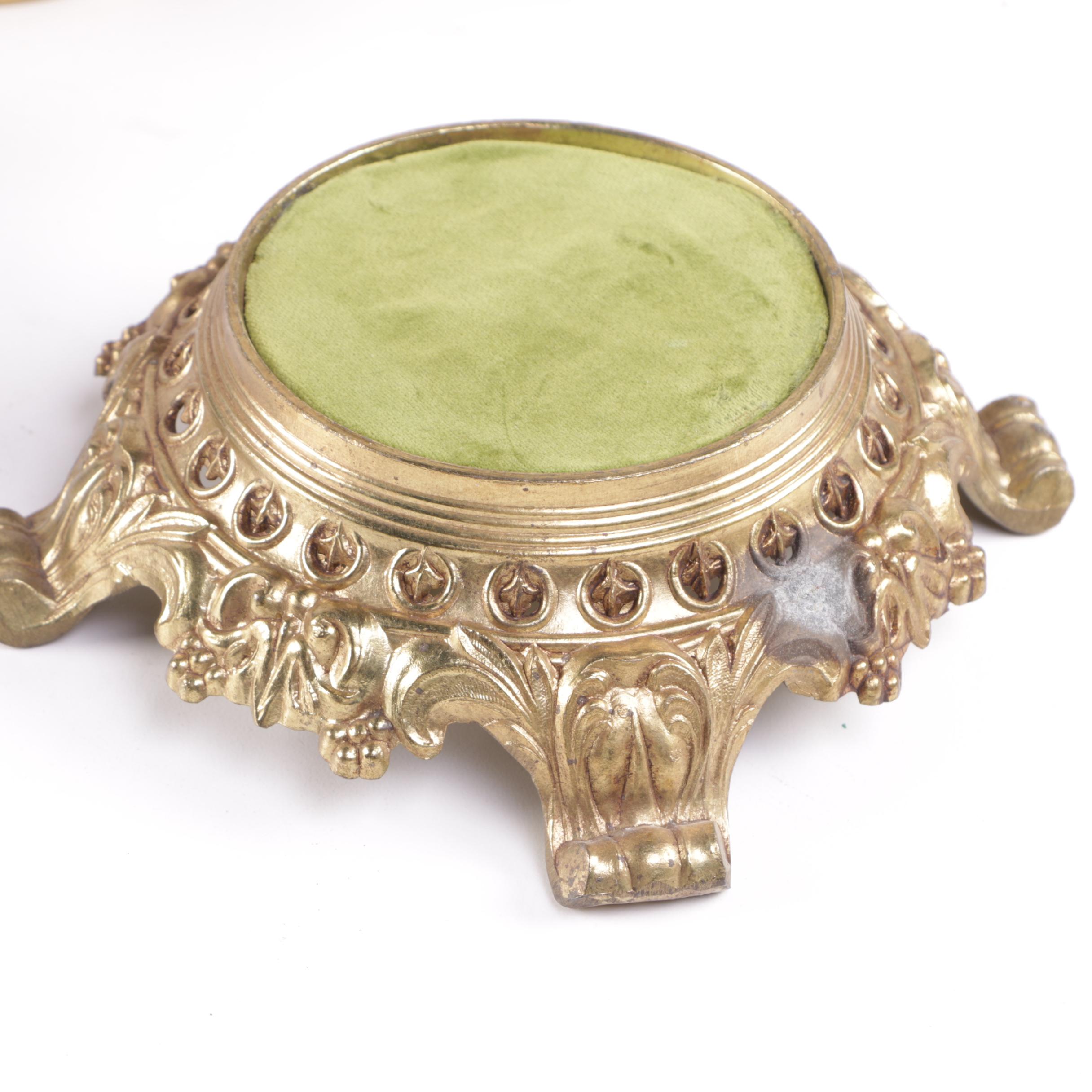 Rococo Style Brass Pedestals with Apple Green Velvet Pads