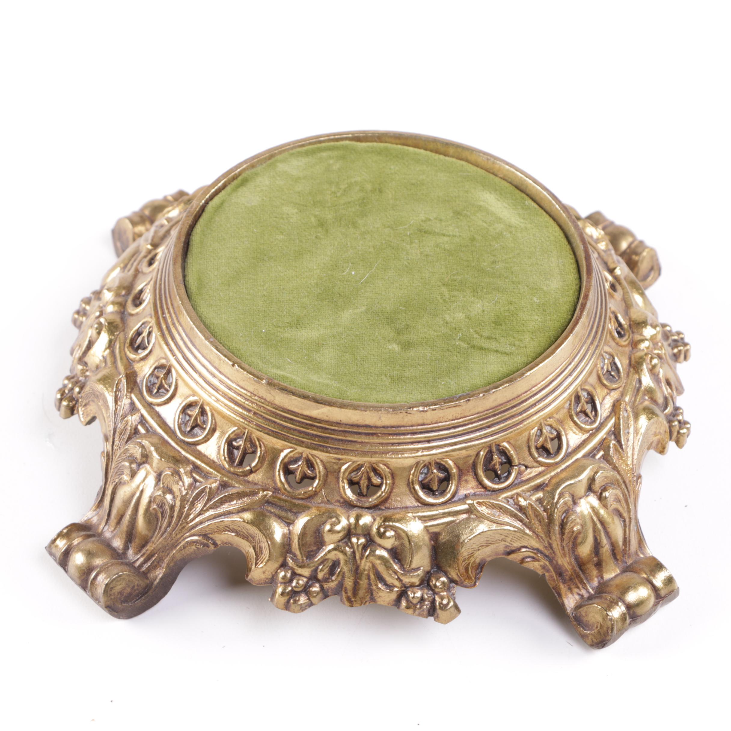 Rococo Style Brass Pedestals with Apple Green Velvet Pads