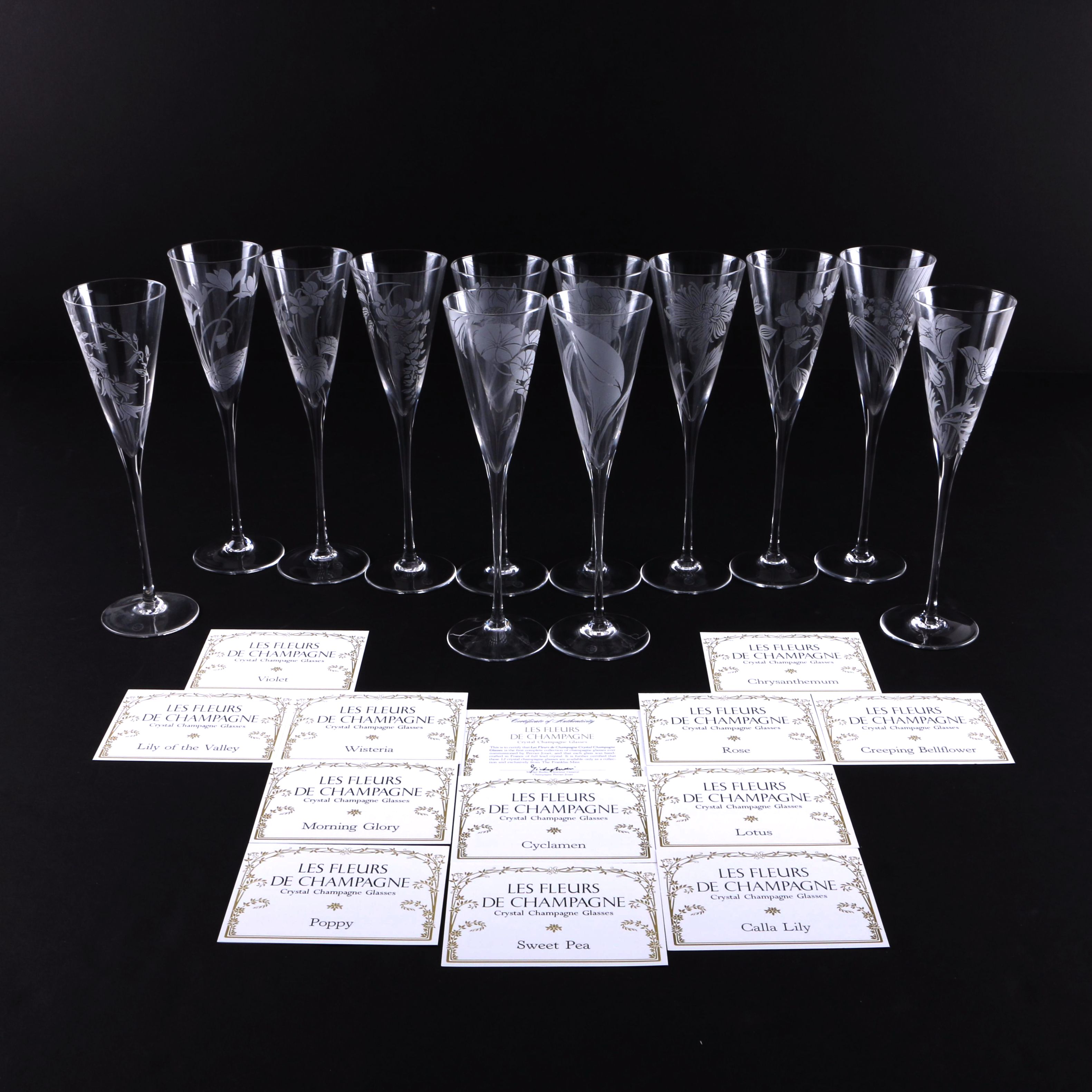 "Les Fleurs de Champagne" Etched Crystal Champagne Flutes by Franklin Mint