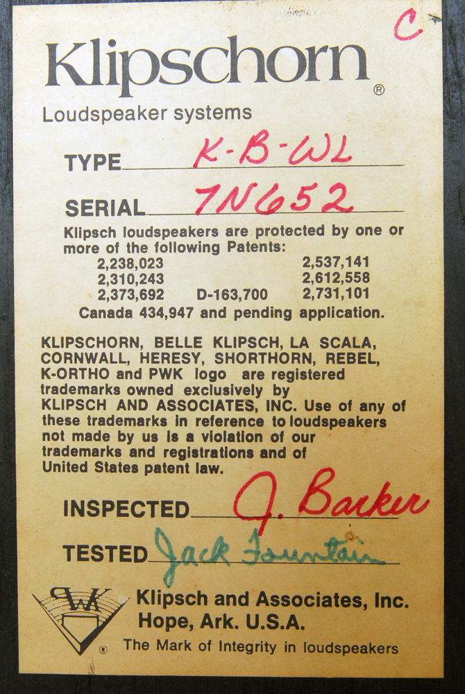 Pair of Vintage Klipschorn K-B-WL Floor Standing Corner Horn Speakers