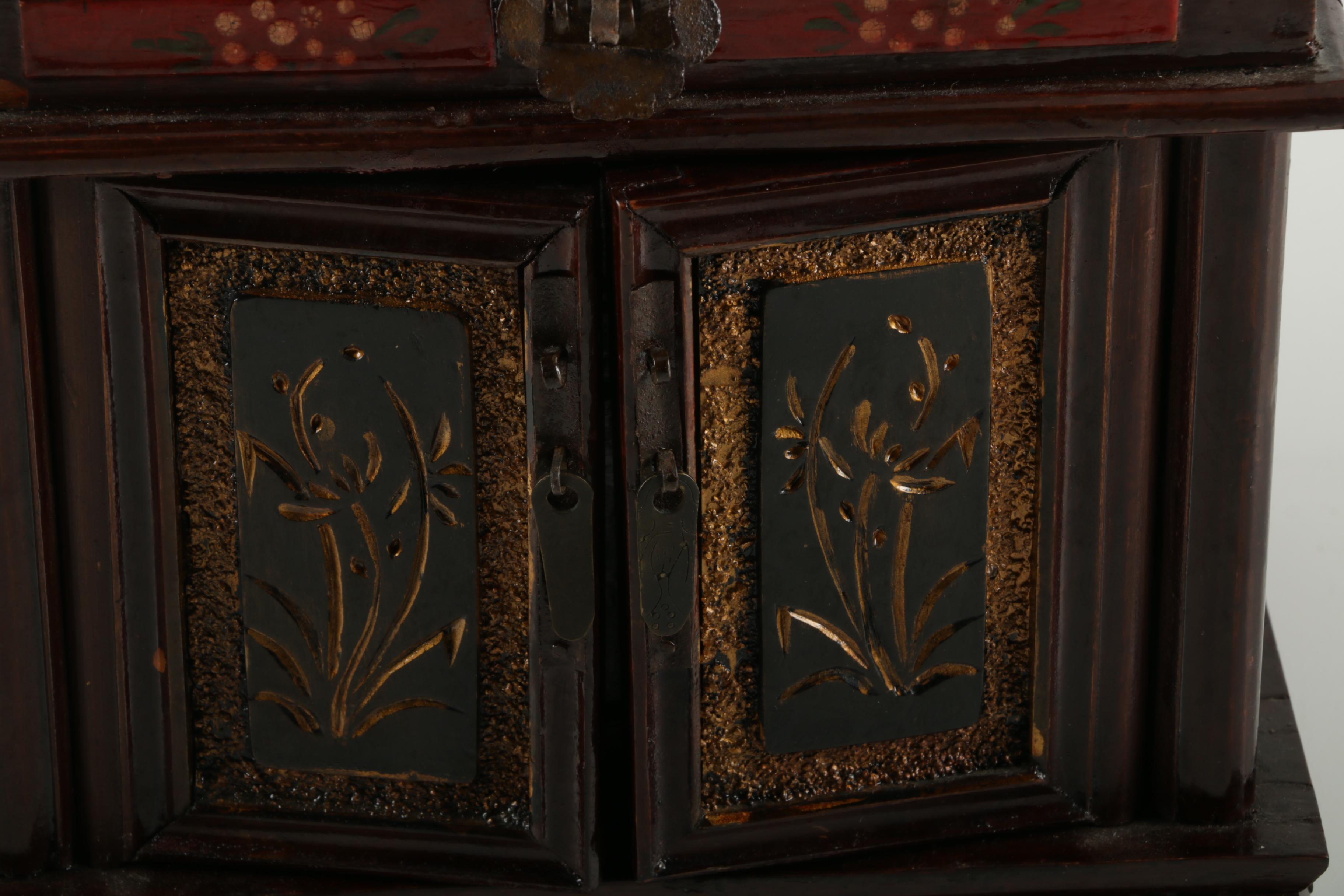 Vintage Chinese Wooden Jewelry Box with Flip Top Mirror