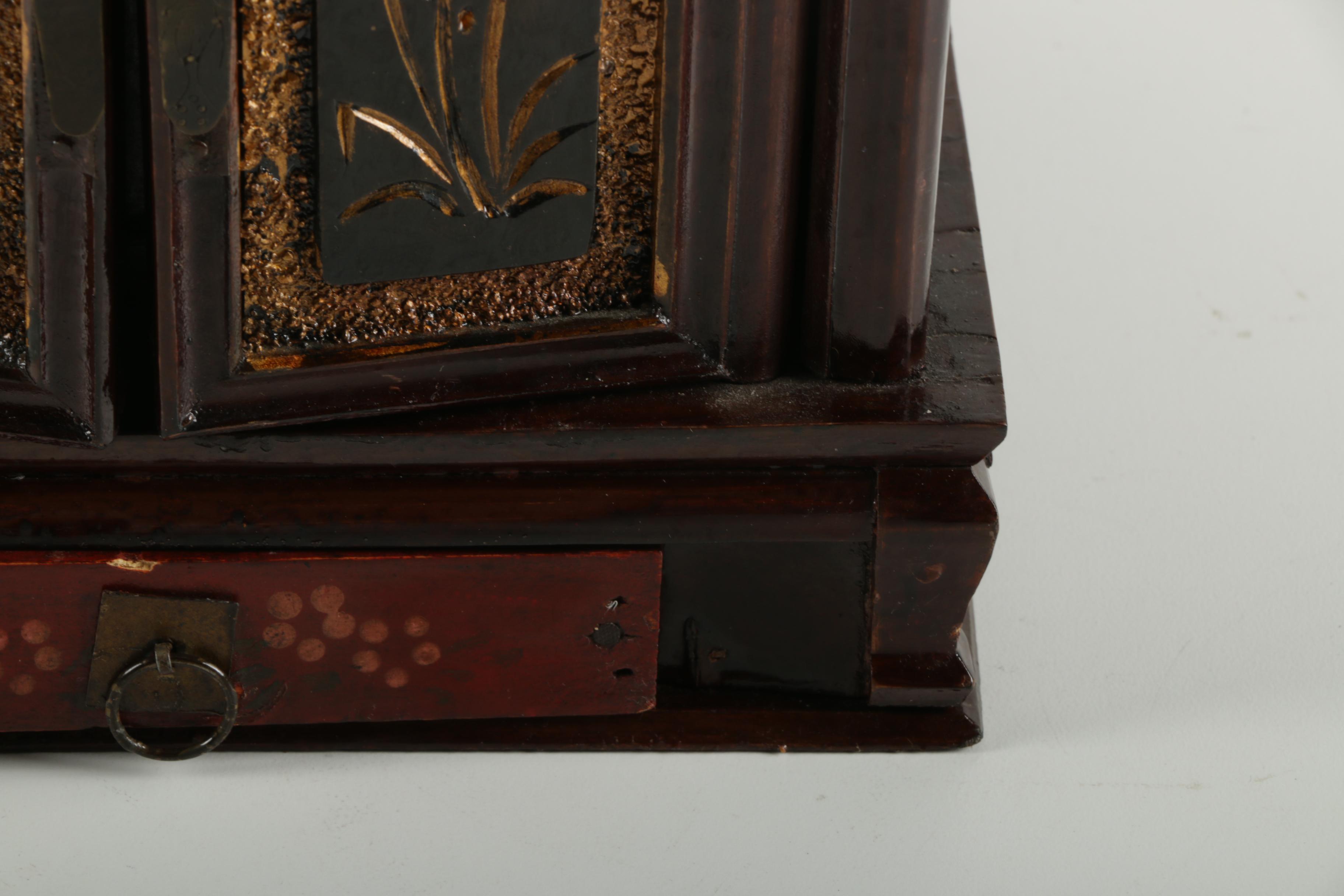 Vintage Chinese Wooden Jewelry Box with Flip Top Mirror