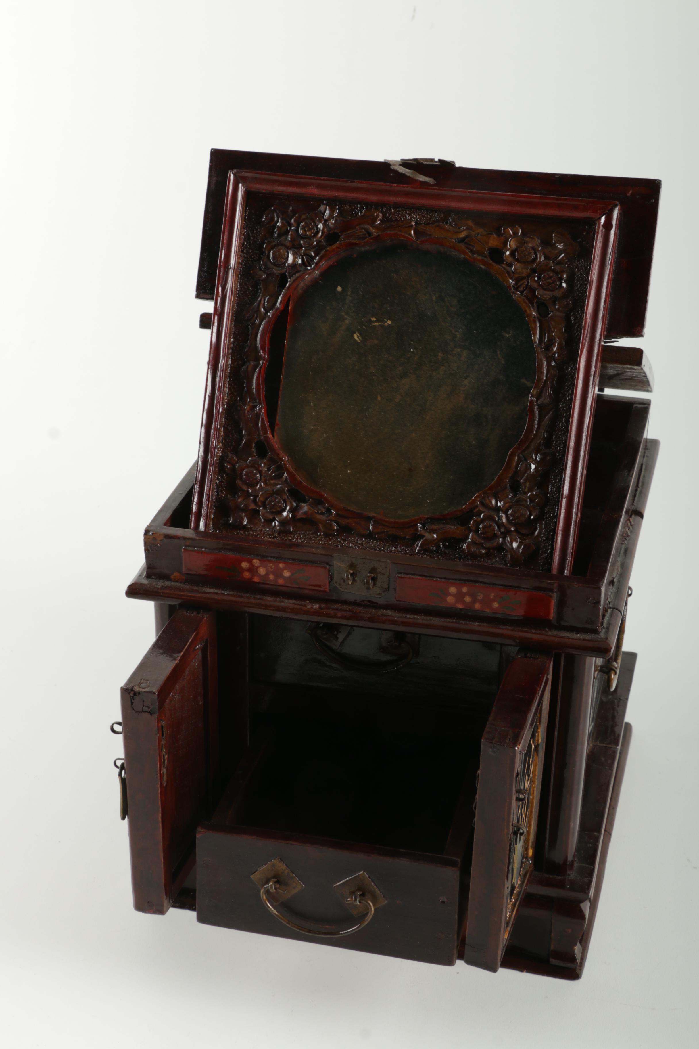 Vintage Chinese Wooden Jewelry Box with Flip Top Mirror