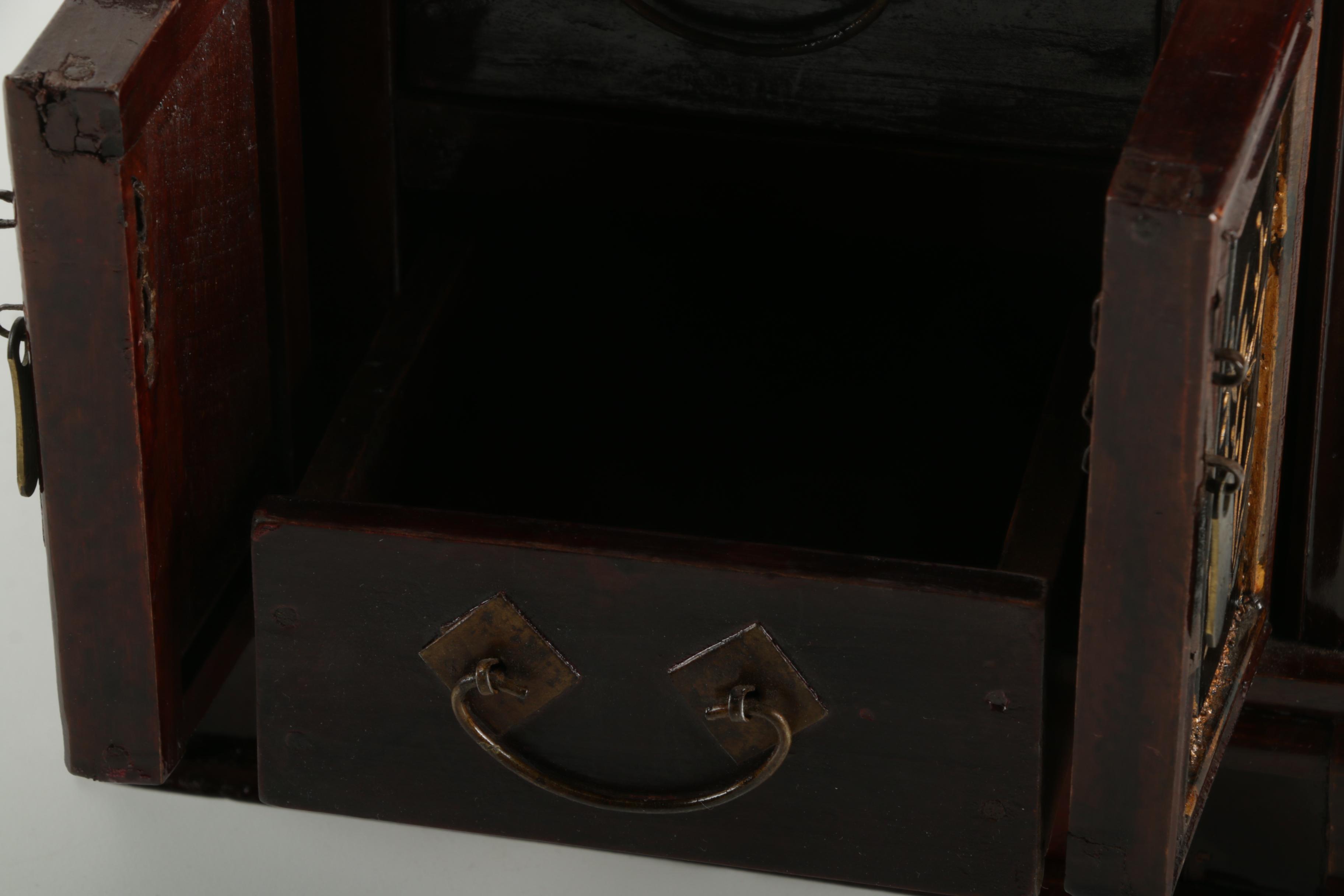 Vintage Chinese Wooden Jewelry Box with Flip Top Mirror