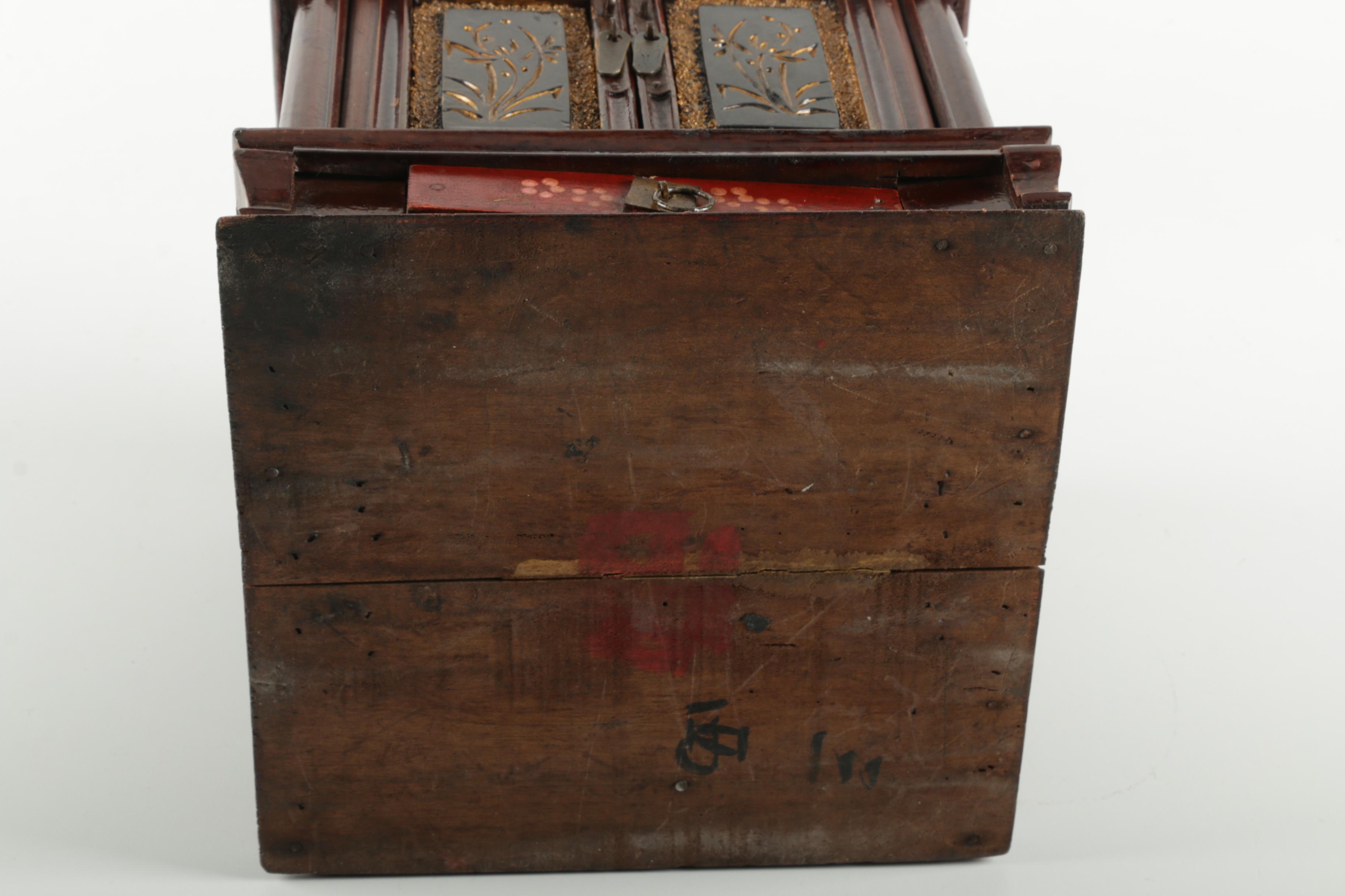 Vintage Chinese Wooden Jewelry Box with Flip Top Mirror