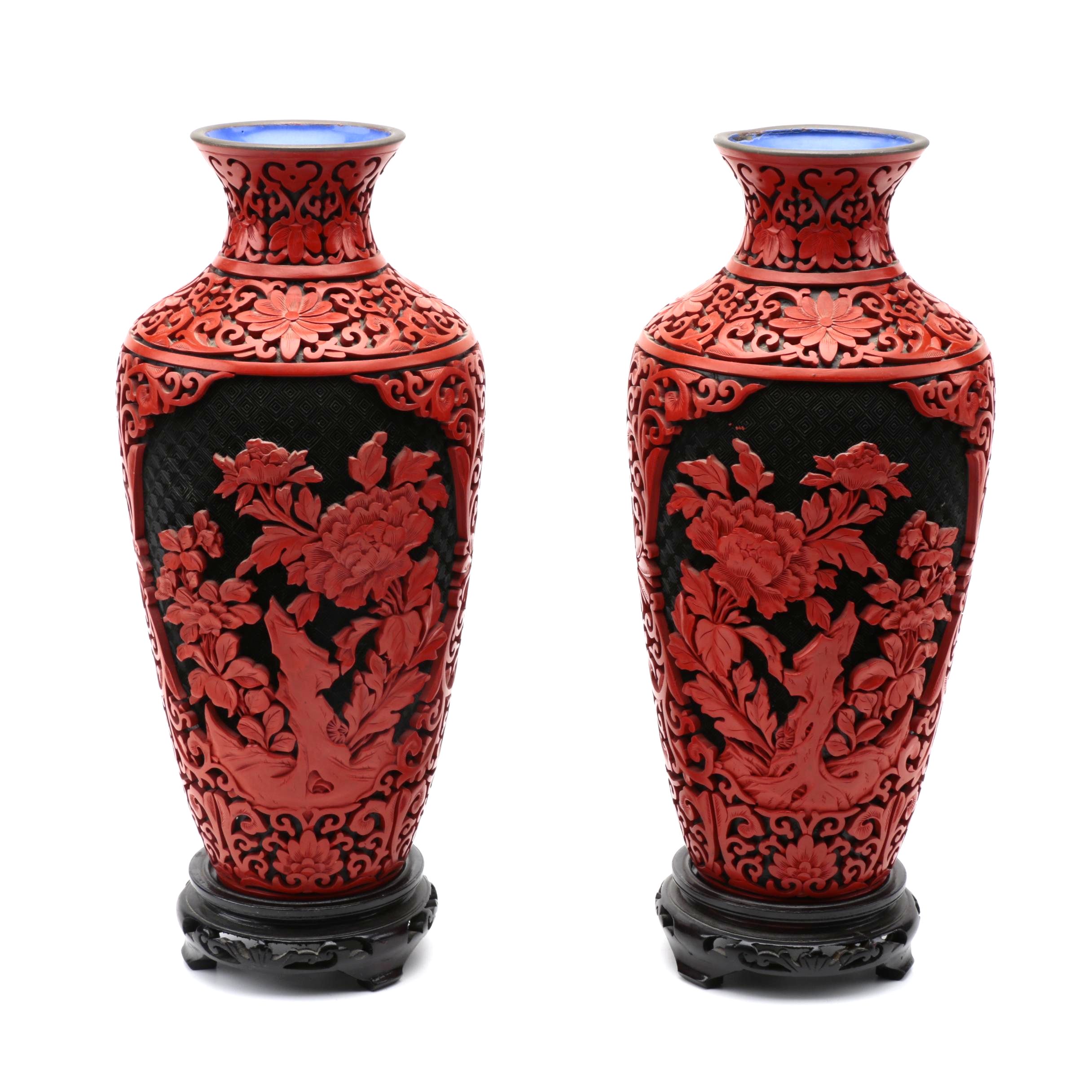 Pair of Chinese Cinnabar Style Vases