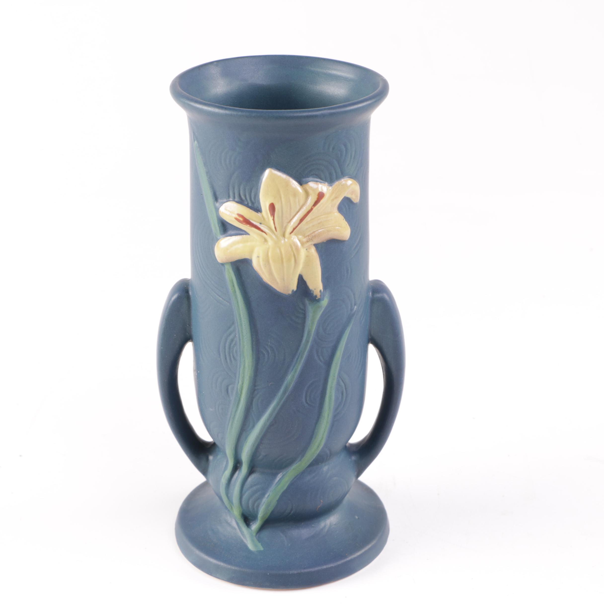 Reproduction Chinese Roseville Dual Handled Floral Motif Ceramic Vases