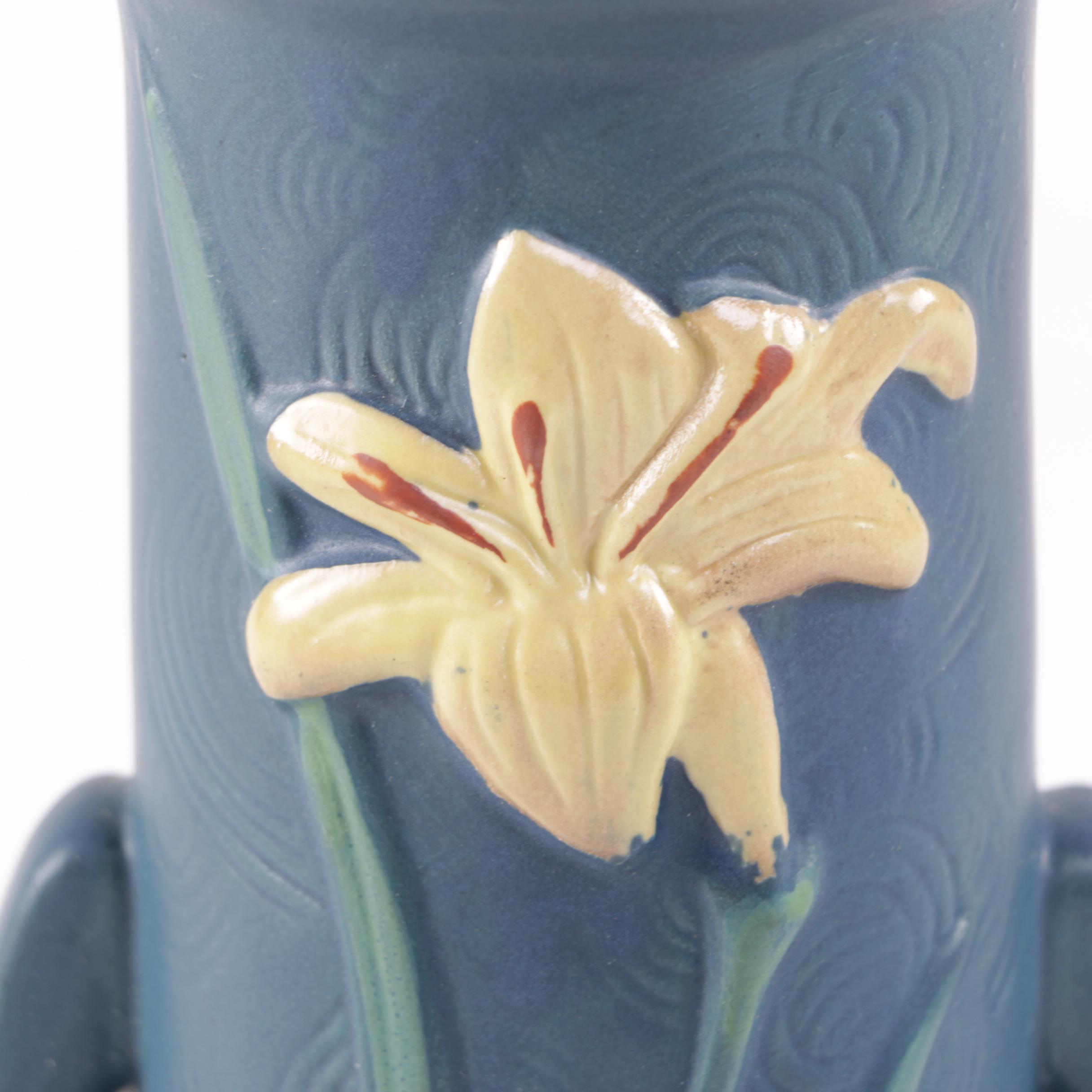 Reproduction Chinese Roseville Dual Handled Floral Motif Ceramic Vases