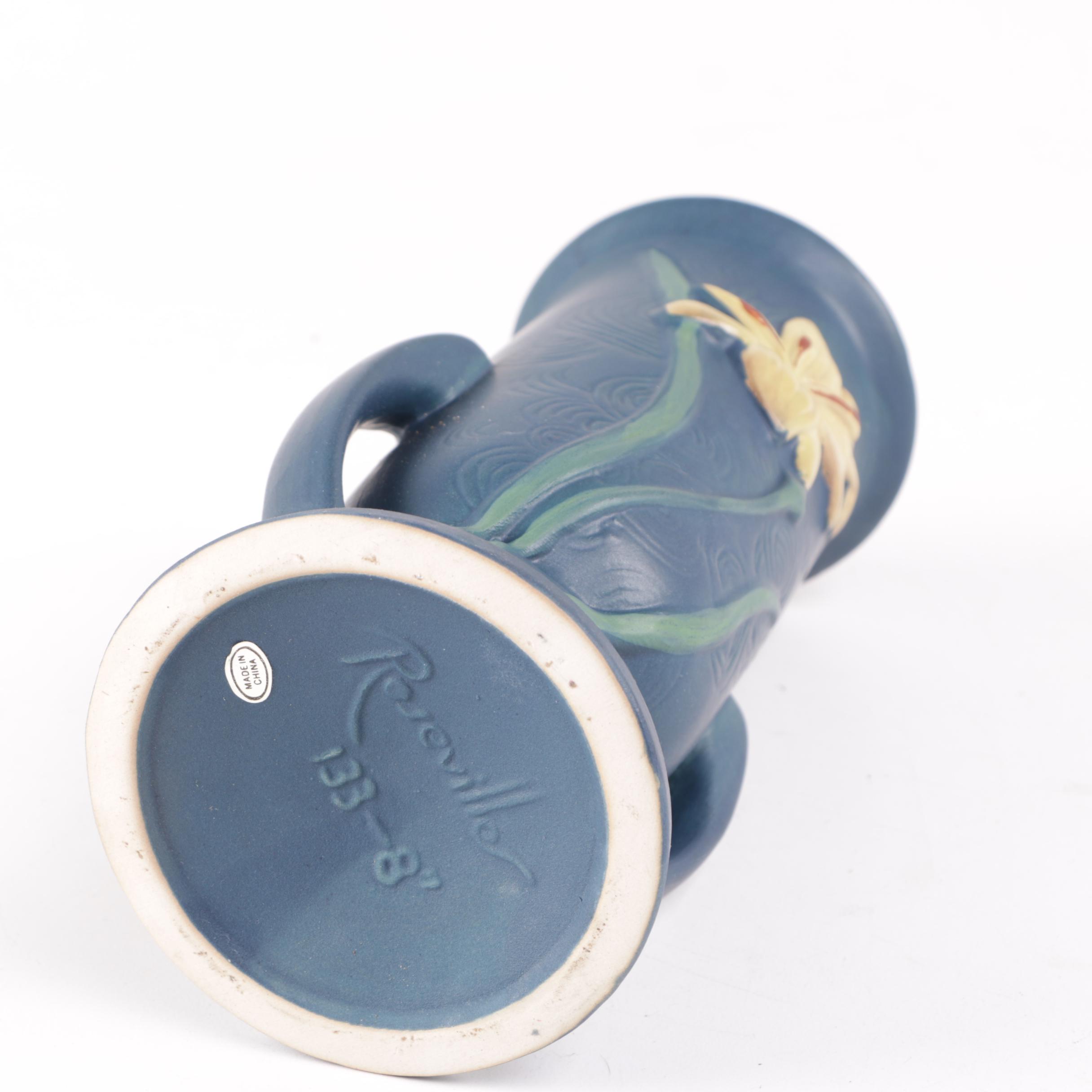 Reproduction Chinese Roseville Dual Handled Floral Motif Ceramic Vases