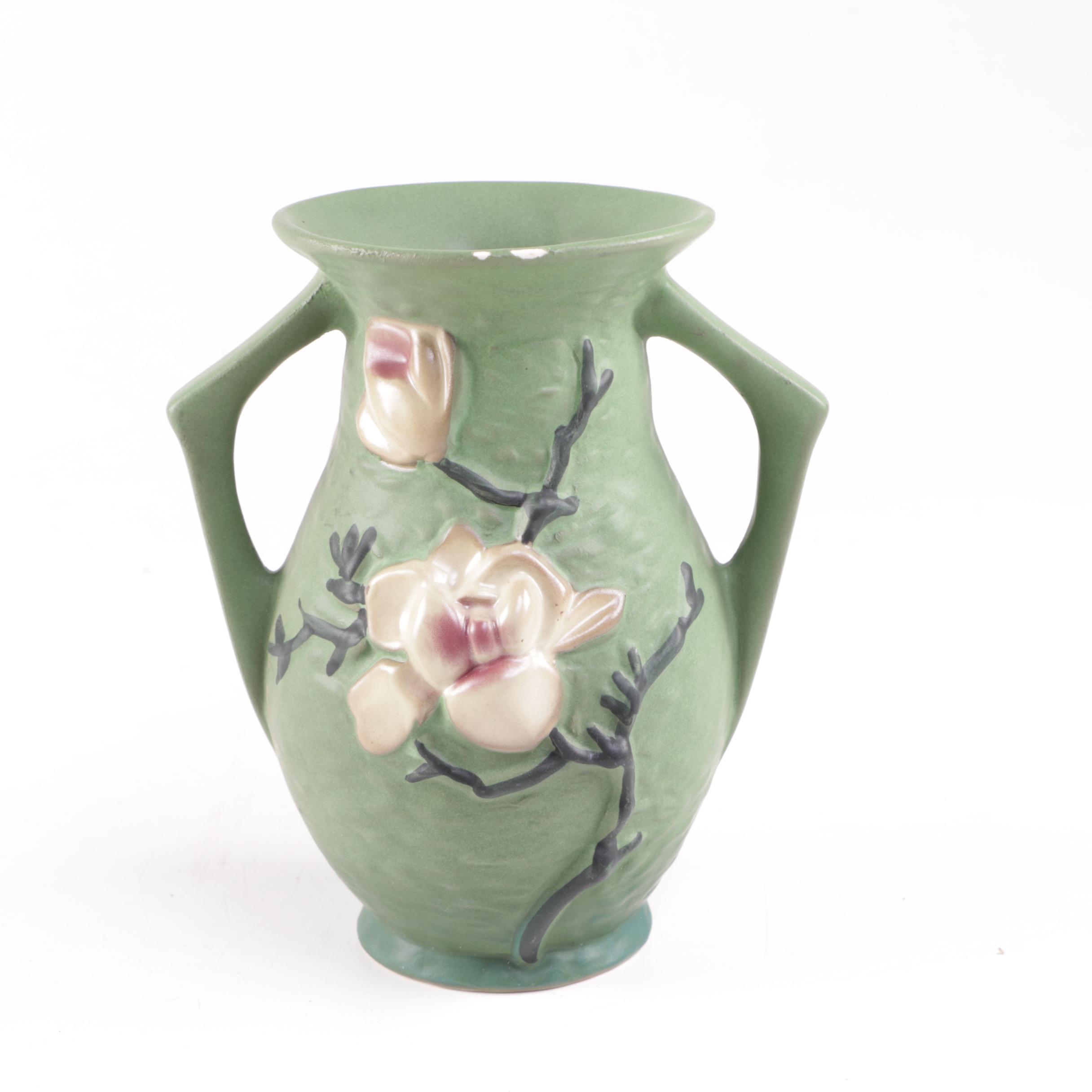 Reproduction Chinese Roseville Dual Handled Floral Motif Ceramic Vases