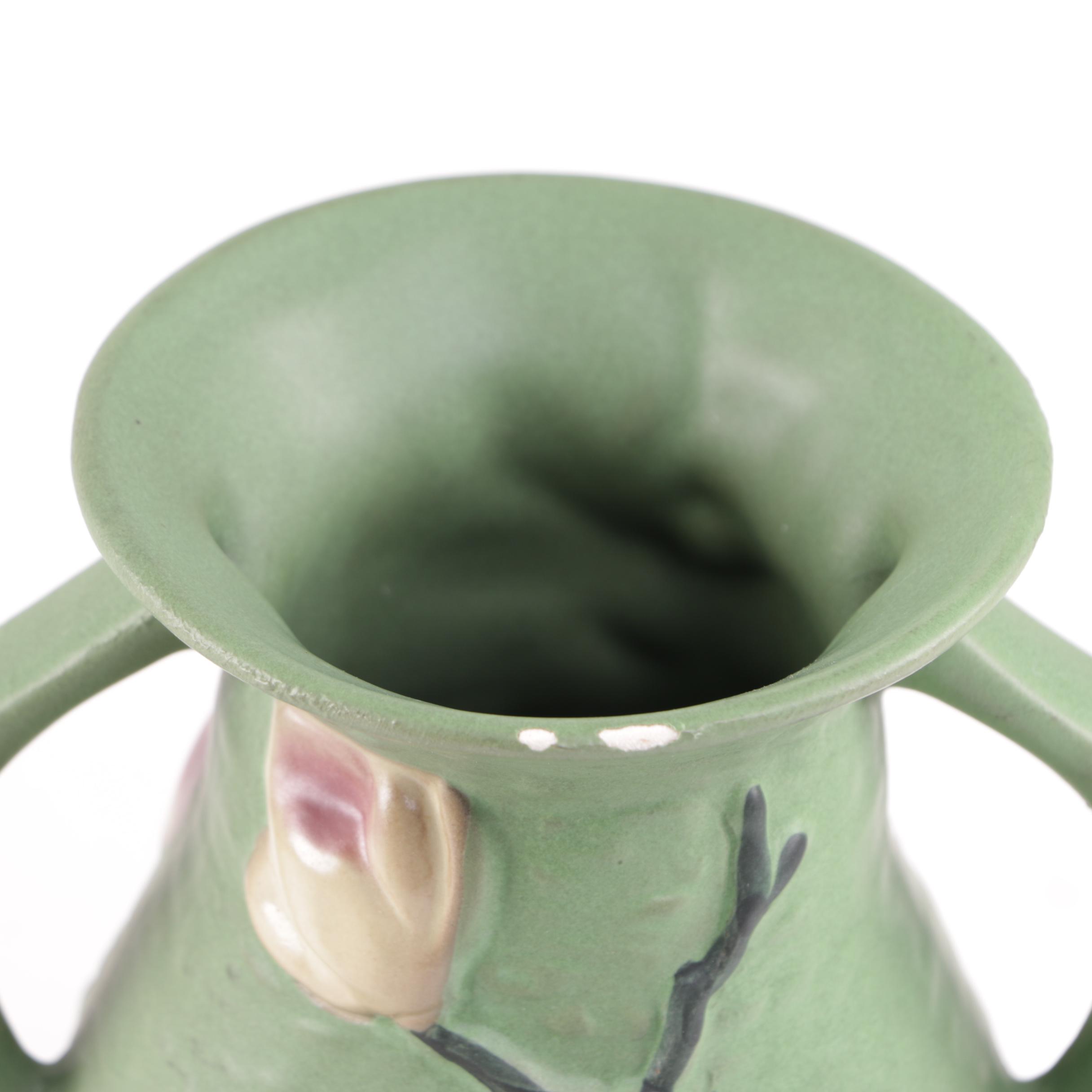 Reproduction Chinese Roseville Dual Handled Floral Motif Ceramic Vases