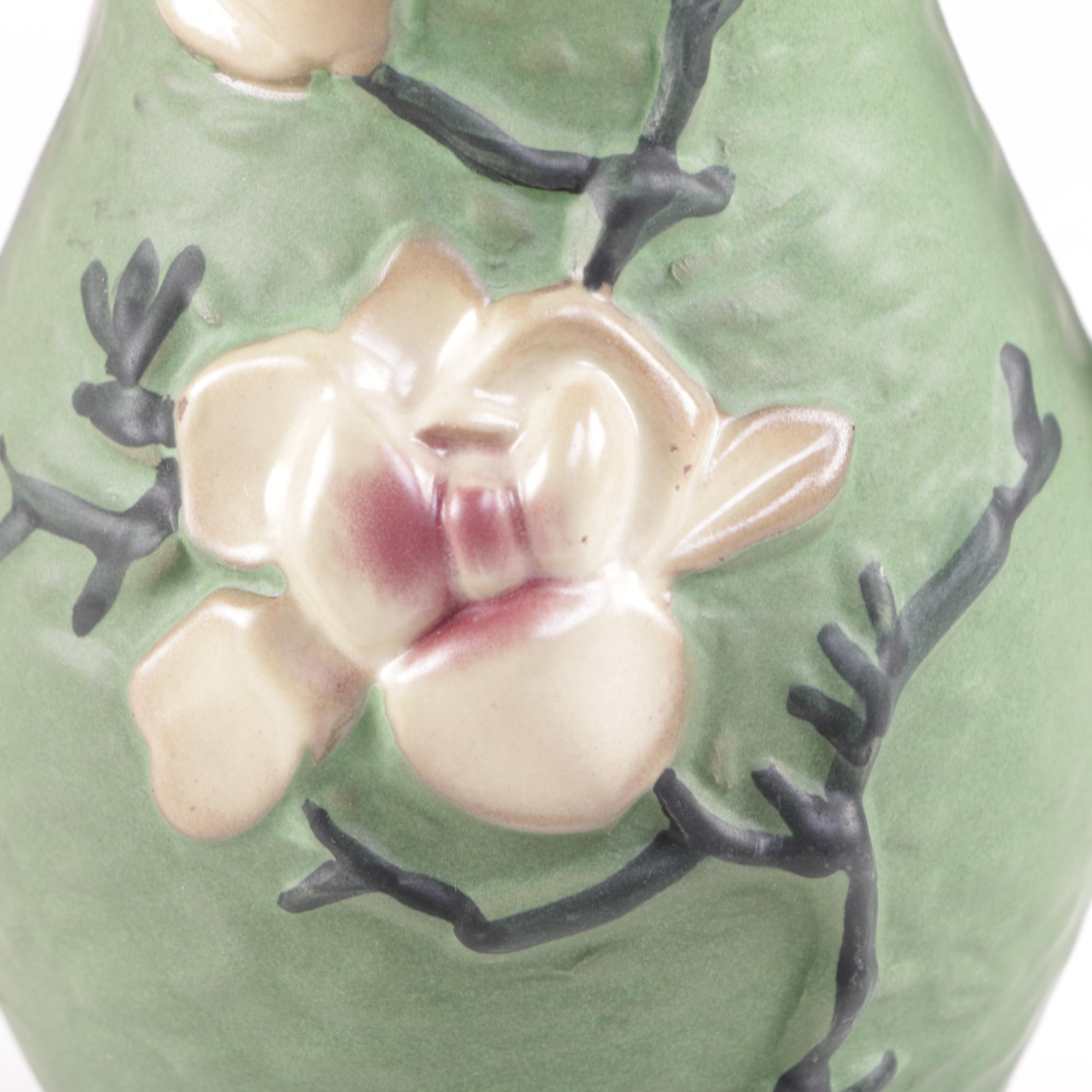 Reproduction Chinese Roseville Dual Handled Floral Motif Ceramic Vases