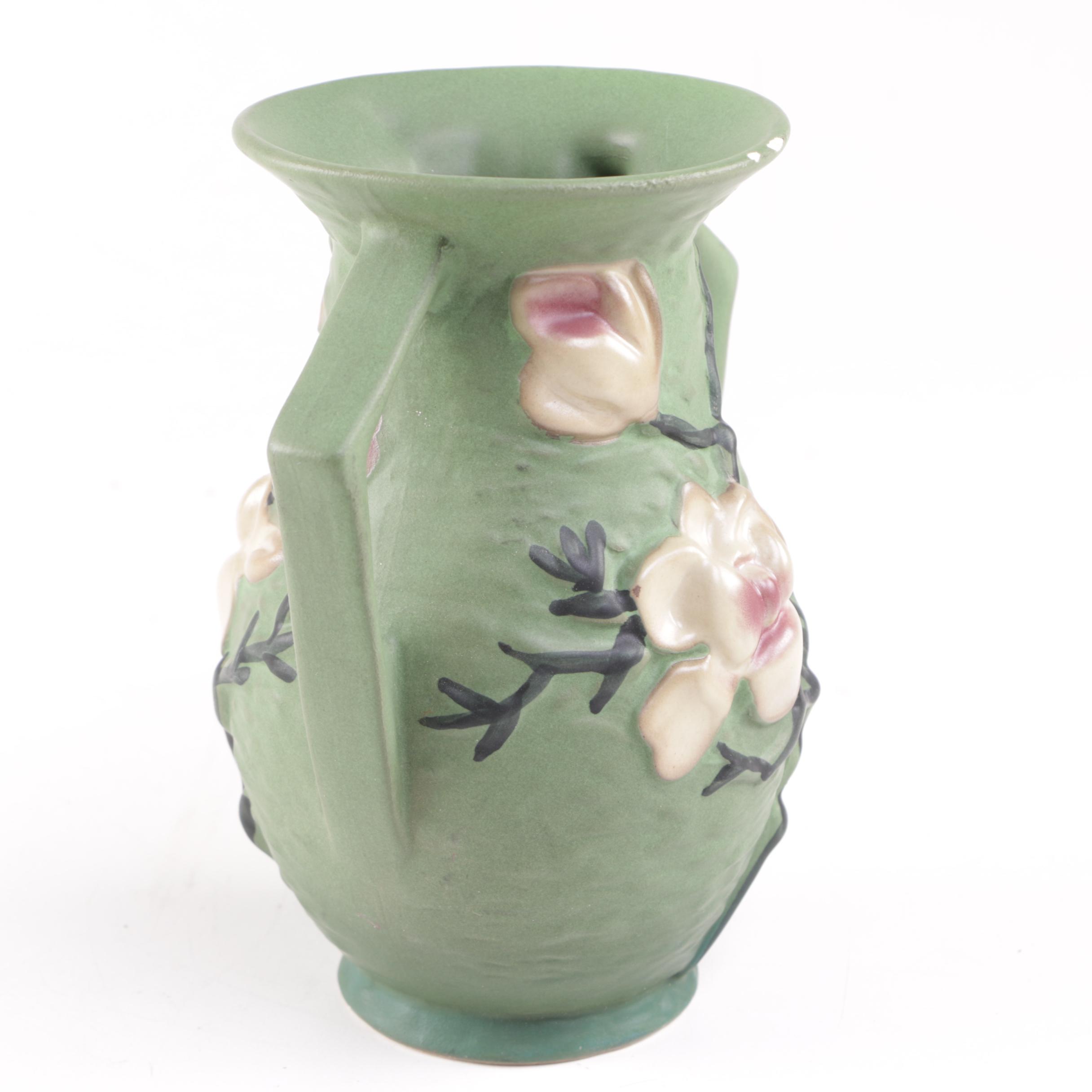 Reproduction Chinese Roseville Dual Handled Floral Motif Ceramic Vases