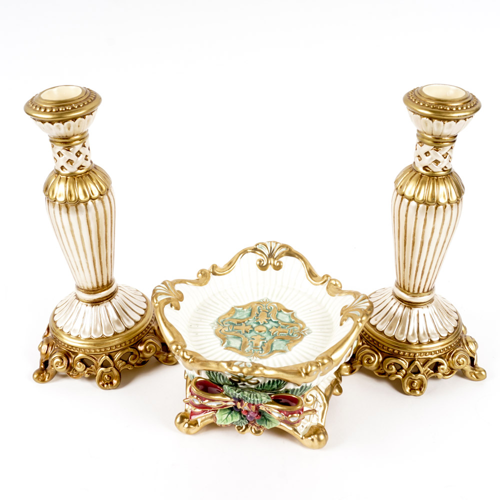 Fitz and Floyd Ceramic Candle Holders with Gold Tone Trim