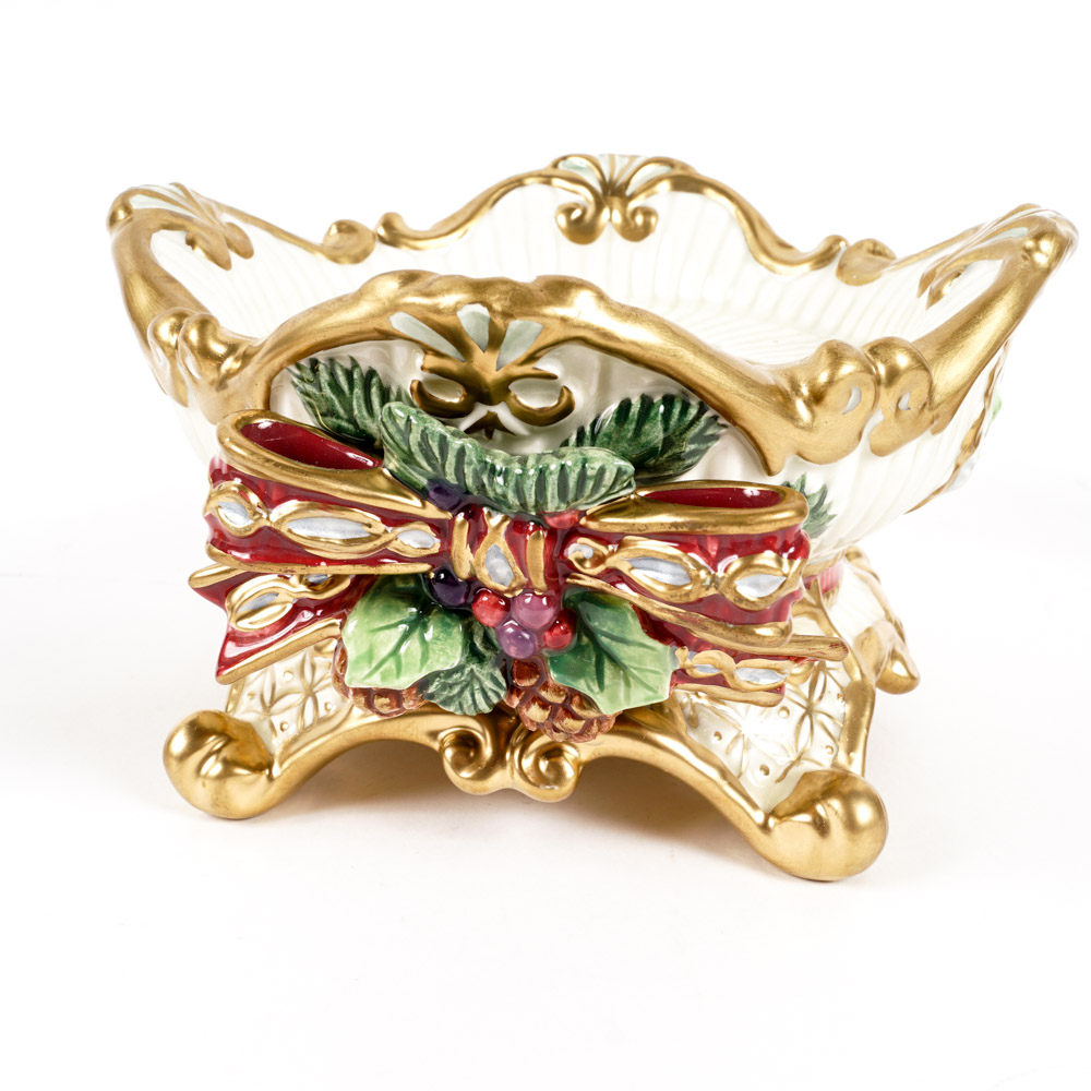 Fitz and Floyd Ceramic Candle Holders with Gold Tone Trim