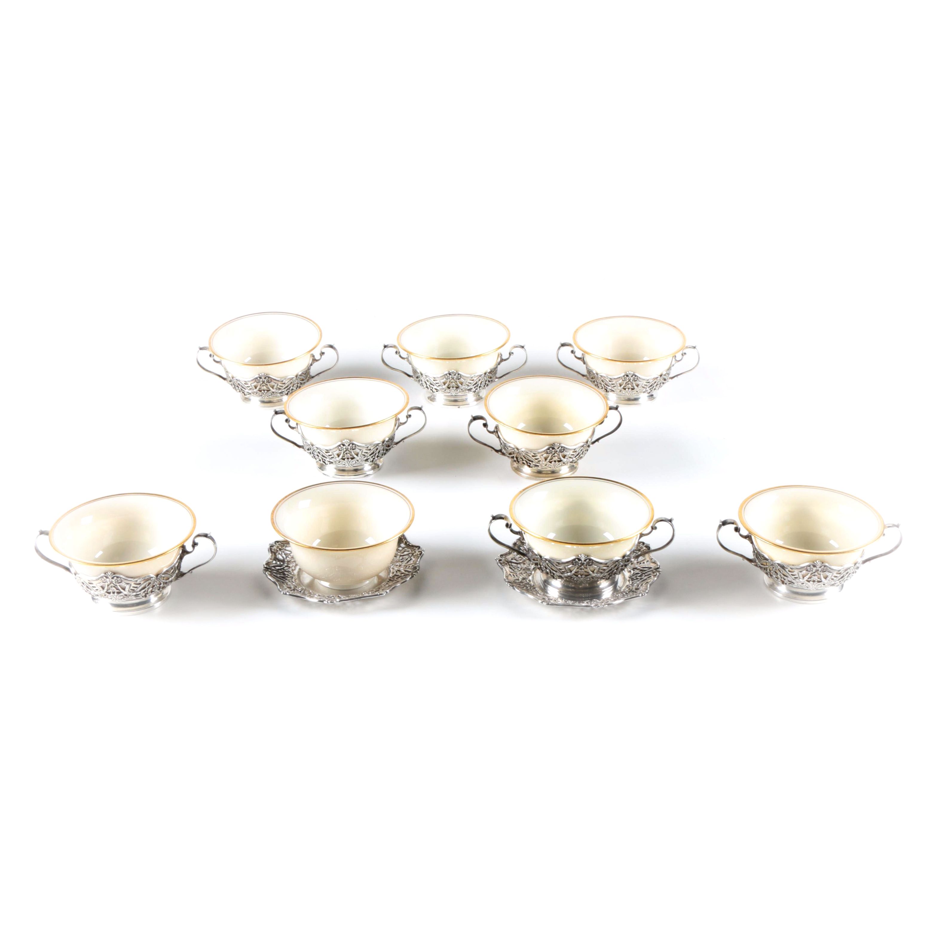 Lenox Porcelain Bouillon Cups and Sterling Silver Holders by Black Starr & Frost