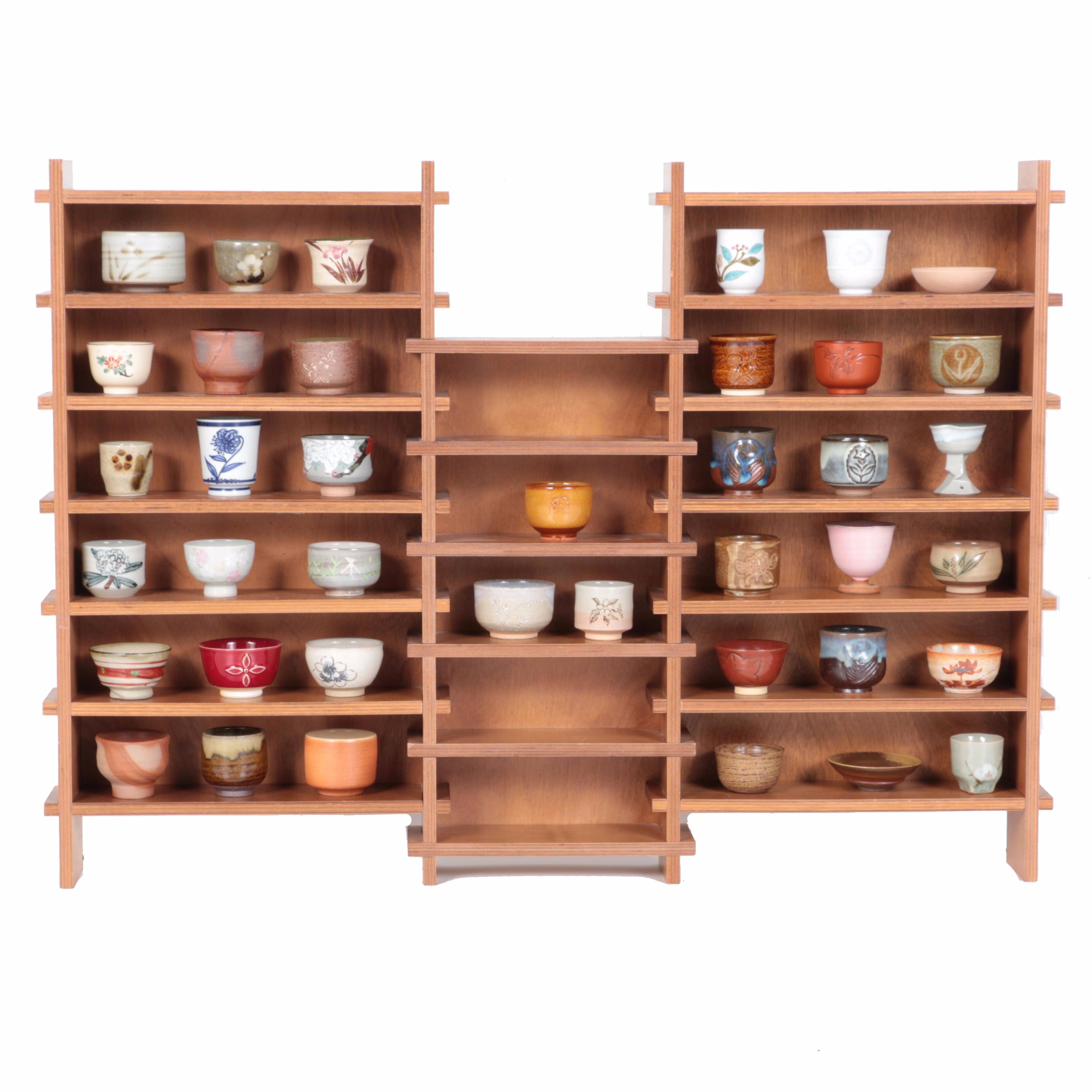 Miniature Japanese Hand Thrown Tea Bowls with Display Shelf