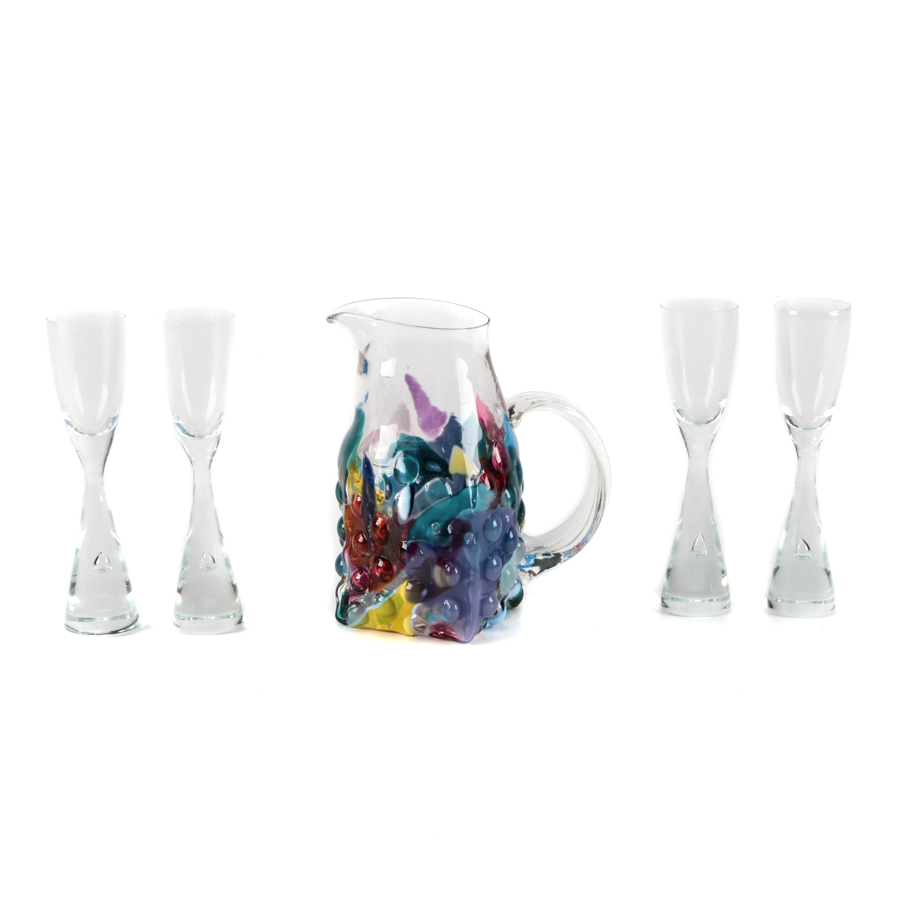 Artist Signed Hand-Blown Art Glass Pitcher and Cordial Glasses
