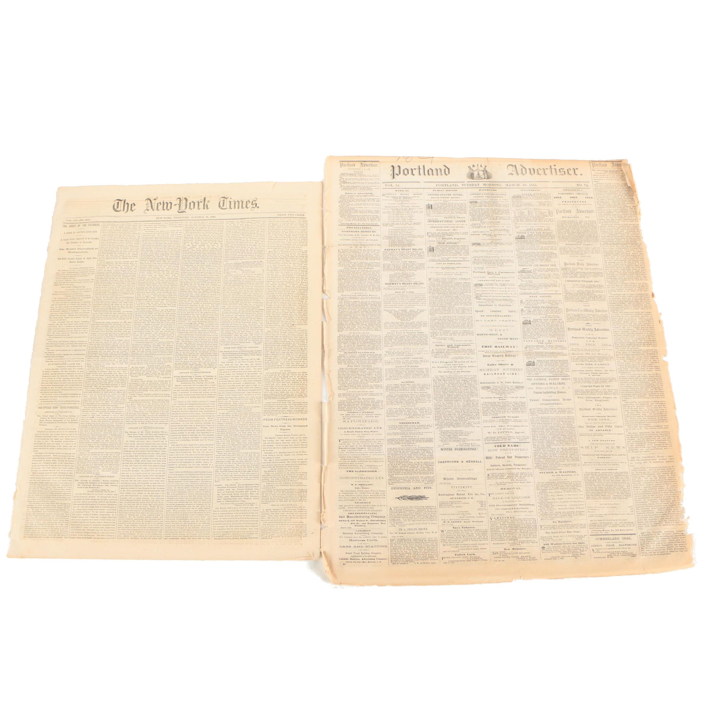 1862 & 1864 "Portland Advertiser" and "The New York Times" Newspapers