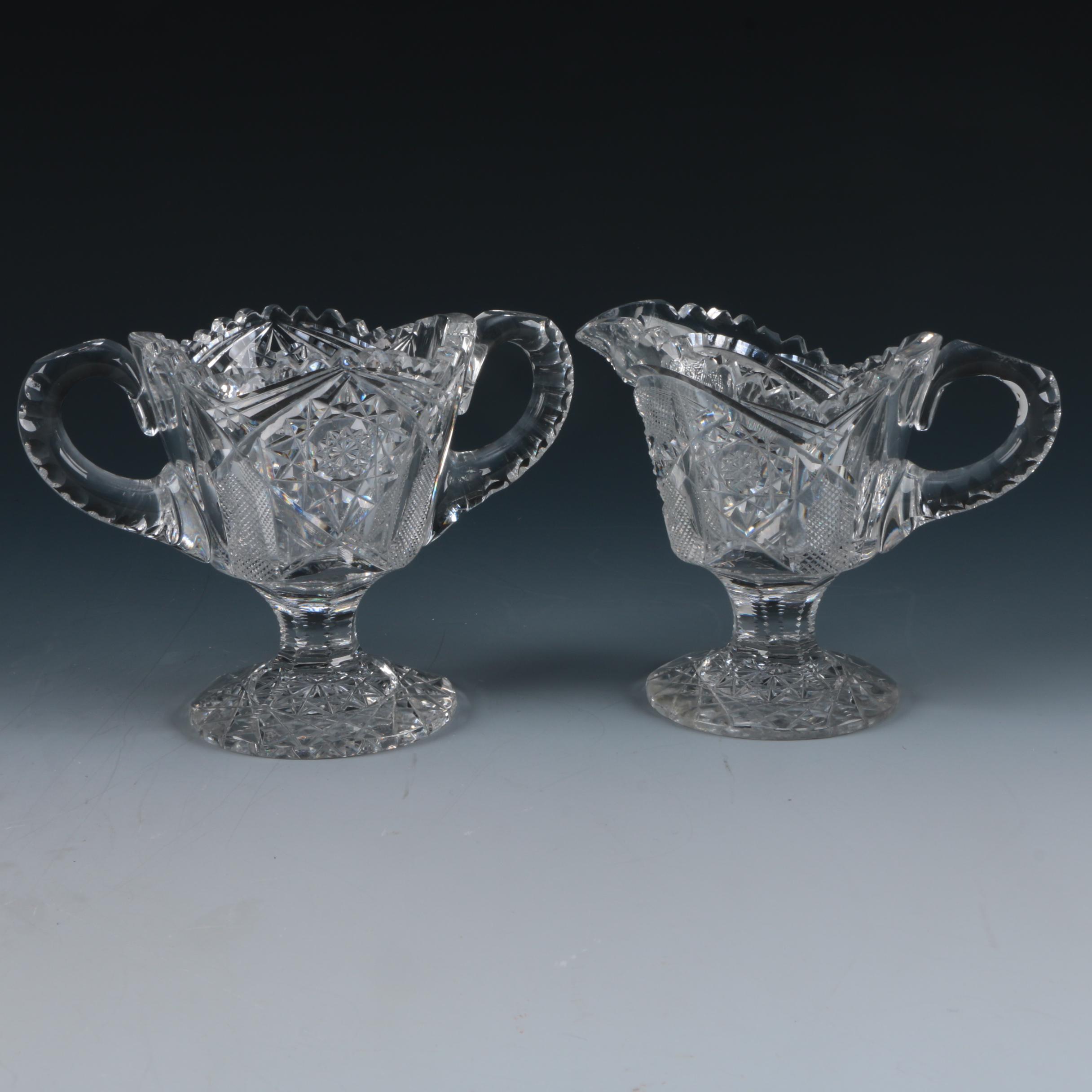 Vintage Cut Glass Pedestal Creamer and Sugar Bowl