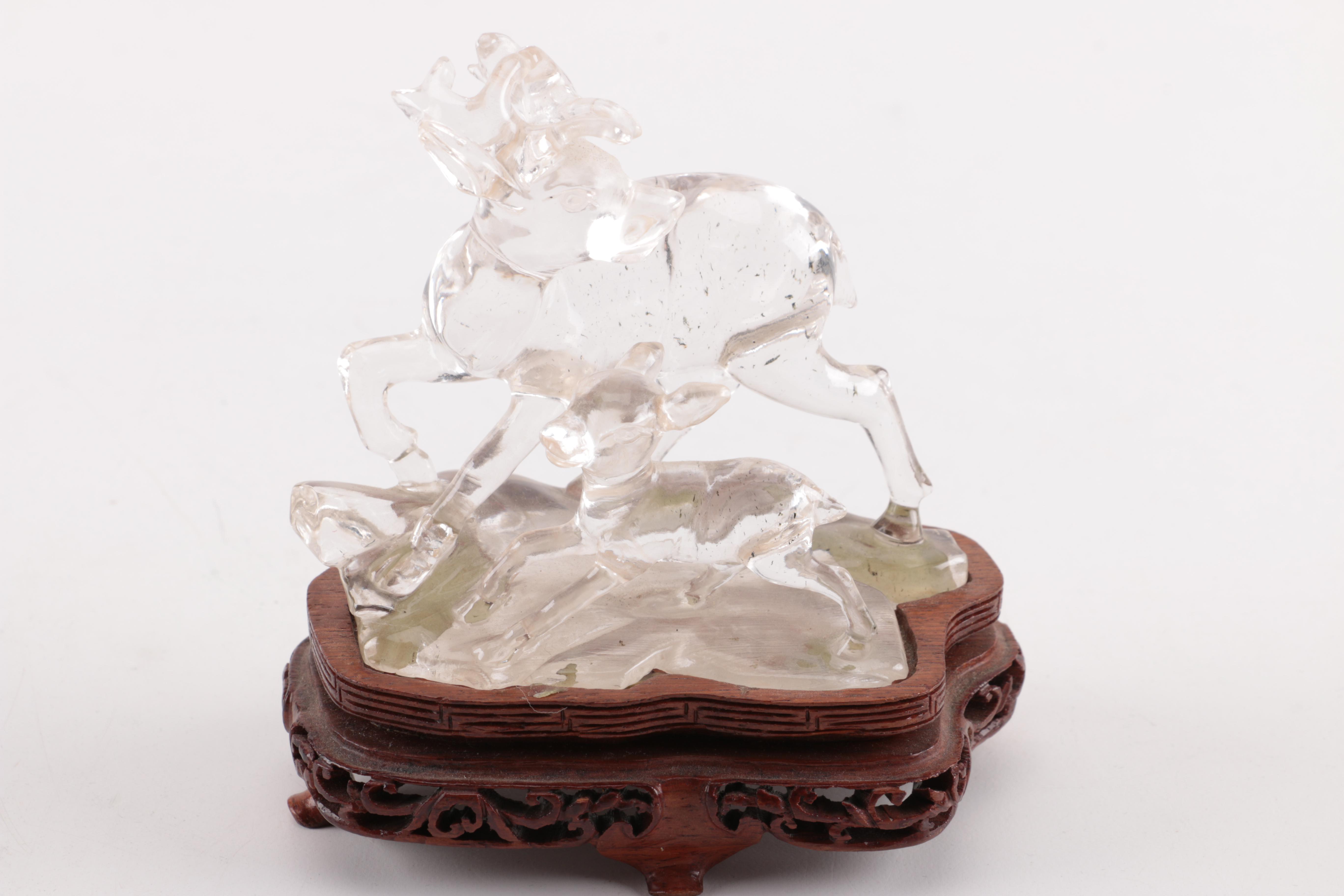 Rock Crystal Buck and Fawn Figurine with Stand